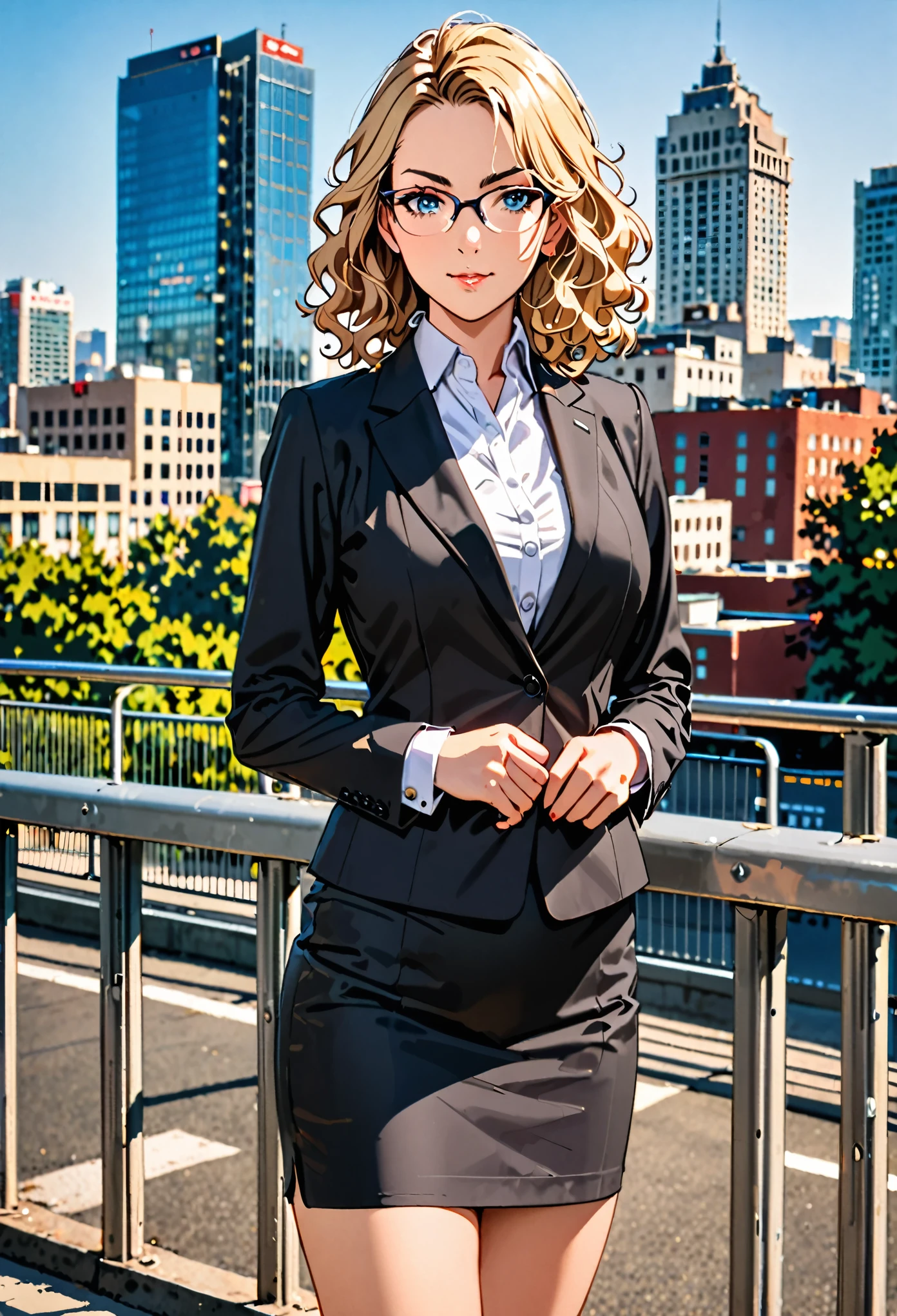 masterpiece, best quality, hires, 1girl, medium breasts, suit, skirt, pencil skirt, bare legs, glasses, shoes, city backdrop, solo, single, hands on hip, standing, full body shot, cowboy shot, beautiful detailed eyes, beautiful detailed face, (blonde hair, (short hair, wavy hair)), high school backdrop, outdoors, mature lady, teacher, perfect body, good proportions
