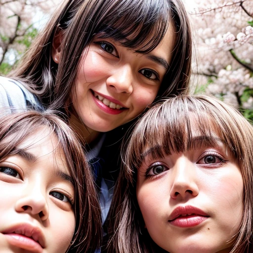 Best_Quality, HDR, masterpiece, Hi-Res, (realistic and photorealistic with touch of rawness:1.37), (group photo:1.6), ((SchoolGirls Surrounding the camera in Upward composition)), Panoramic, (Filled with many Faces), (NOGIZAKA face variations:1.4), { Looking down at the camera | (Kissing face to face) }, (((close:1.2, Face closeup from below:1.4))), (((Sky background)) with CherryBlossoms) . BREAK  Extremely Detailed KAWAII face variations, captivating gaze, elaborate detailed Eyes with (sparkling highlights:1.32), long eyelashes、Glossy RED Lips with beautiful details, Coquettish tongue, Rosy cheeks, Glistening ivory skin . { (Dynamic joyful expressions) | (:D) | (Kissing) }, Childish, SchoolUniform, Every girls have different hair colors and styles, { Slipped back hair | Bangs | Hime cut  | OKAPPA | White Silver hair | Blonde hair | Dark hair }