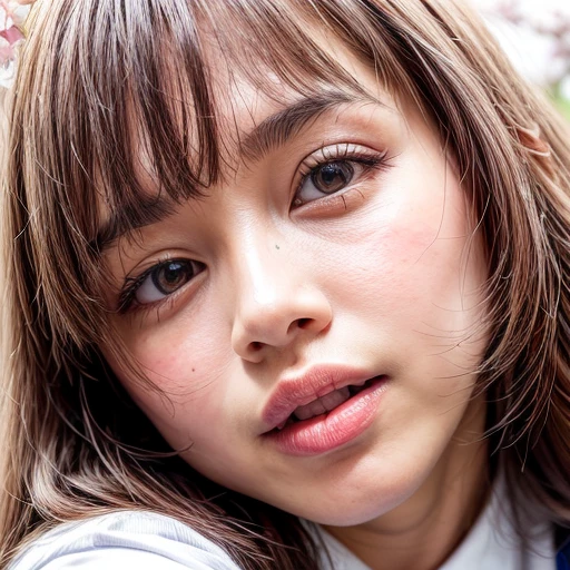 Best_Quality, HDR, masterpiece, Hi-Res, (realistic and photorealistic with touch of rawness:1.37), (group photo:1.6), ((SchoolGirls Surrounding the camera in Upward composition)), Panoramic, (Filled with many Faces), (NOGIZAKA face variations:1.4), { Looking down at the camera | (Kissing face to face) }, (((close:1.2, Face closeup from below:1.4))), (((Sky background)) with CherryBlossoms) . BREAK Extremely Detailed KAWAII face variations, captivating gaze, elaborate detailed Eyes with (sparkling highlights:1.32), long eyelashes、Glossy RED Lips with beautiful details, Coquettish tongue, Rosy cheeks, Glistening ivory skin . { (Dynamic joyful expressions) | (:D) | (Kissing) }, Childish, SchoolUniform, Every girls have different hair colors and styles, { Slipped back hair | Bangs | Hime cut | OKAPPA | White Silver hair | Blonde hair | Dark hair }