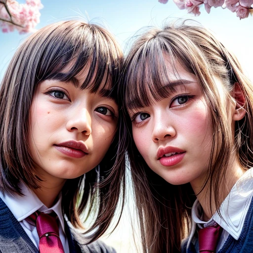 Best_Quality, HDR, masterpiece, Hi-Res, (realistic and photorealistic with touch of rawness:1.37), (group photo:1.6), ((SchoolGirls Surrounding the camera in Upward composition)), Panoramic, (Filled with many Faces), (NOGIZAKA face variations:1.4), { Looking down at the camera | (Kissing face to face) }, (((close:1.2, Face closeup from below:1.4))), (((Sky background)) with CherryBlossoms) . BREAK  Extremely Detailed KAWAII face variations, captivating gaze, elaborate detailed Eyes with (sparkling highlights:1.32), long eyelashes、Glossy RED Lips with beautiful details, Coquettish tongue, Rosy cheeks, Glistening ivory skin . { (Dynamic joyful expressions) | (:D) | (Kissing) }, Childish, SchoolUniform, Every girls have different hair colors and styles, { Slipped back hair | Bangs | Hime cut  | OKAPPA | White Silver hair | Blonde hair | Dark hair }
