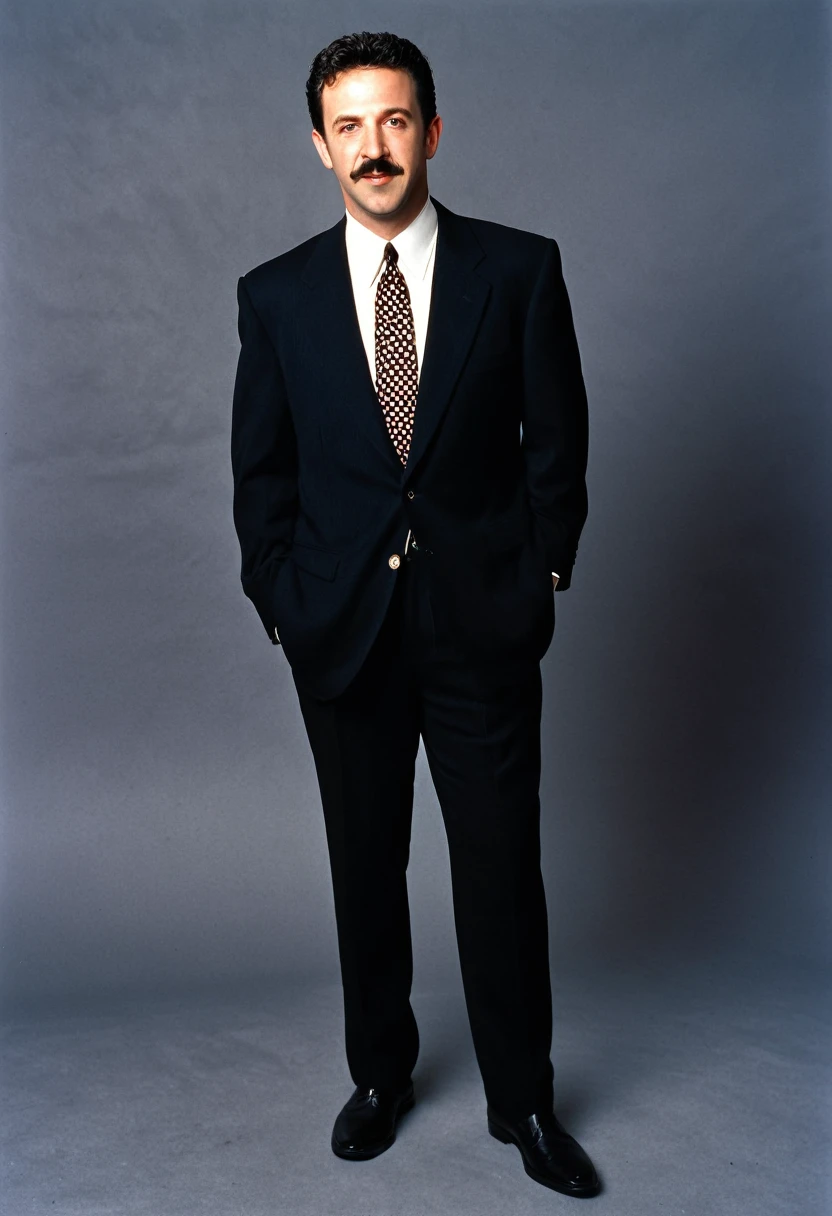 forty year old jewish man, dark short hair, bushy mustache, mischievous, 1996, lawyer, designer suit, photorealistic, portrait, full body shot