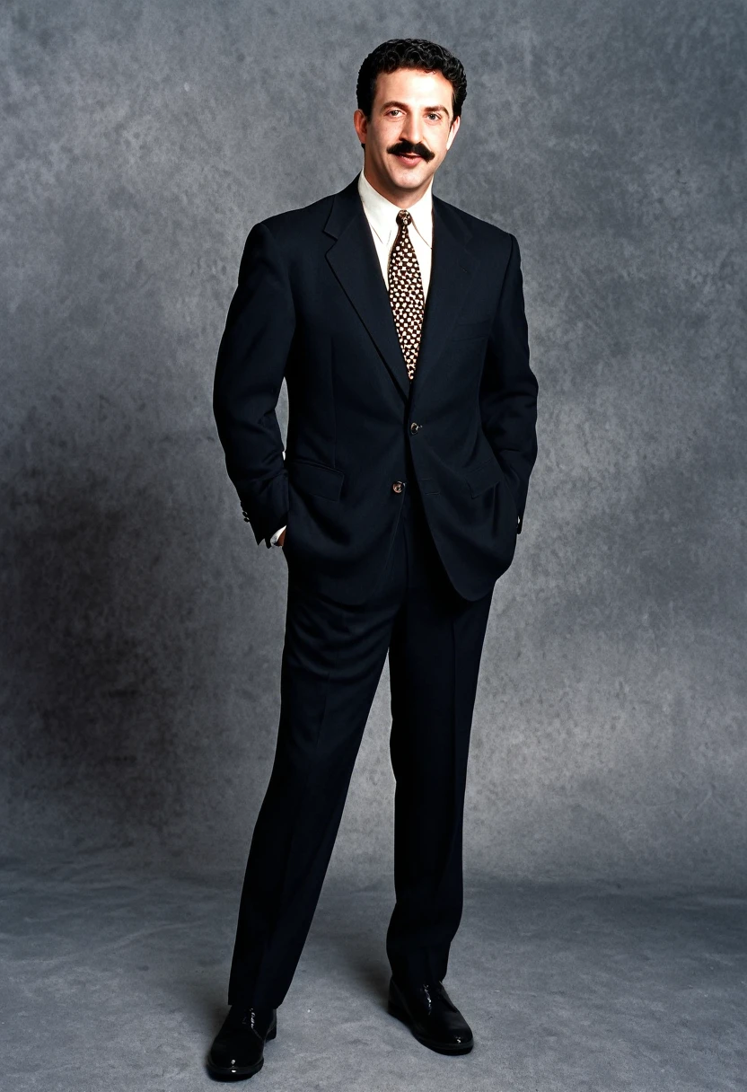 forty year old jewish man, dark short hair, bushy mustache, mischievous, 1996, lawyer, designer suit, photorealistic, portrait, full body shot