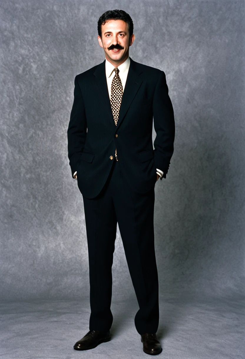 forty year old jewish man, dark short hair, bushy mustache, mischievous, 1996, lawyer, designer suit, photorealistic, portrait, full body shot