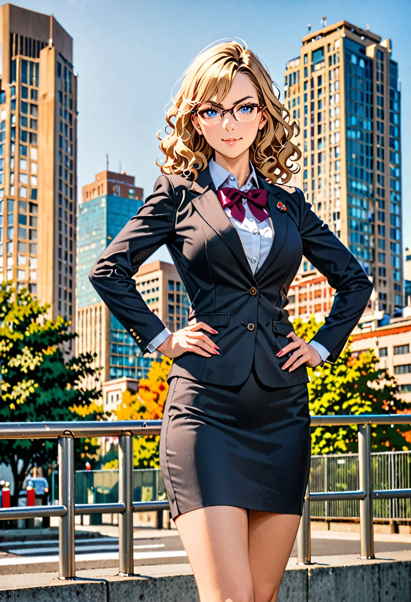 masterpiece, best quality, hires, 1girl, medium breasts, suit, skirt, pencil skirt, bare legs, glasses, shoes, city backdrop, solo, single, hands on hip, standing, full body shot, cowboy shot, beautiful detailed eyes, beautiful detailed face, (blonde hair, (short hair, wavy hair)), high school backdrop, outdoors, mature lady, teacher, perfect body, good proportions