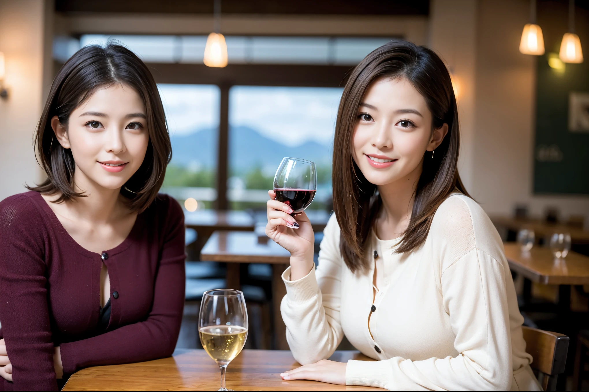 ((highest quality、8k、masterpiece:1.3))、1 male、1 female、Satomi Ishihara-like beautiful couple、Spouse、Couple、The body is slim、((Bob Hale、Straight hair:1.2)), (Realistic, Intricate details:1.2), Wine glass on the table、Shine light on your face、 Amazing view of the sunset sky and clouds、Amazing mountain views、A bright smile、The wonderfulness of smile、Bright image、The beauty of wine, Beautiful Face, blue eyes, The light shines on your face, Blushing, short hair,Bright Face、 (Age 37), "41 years old, red wine 、Appetizers、Italian food、Wine bottle、Champagne、sparkling wine、Two beauties、Brown Hair、Shortcuts、Long sleeve shirt、dress、Pretty Woman 1, (Slim face), (The body is slim), (Brown Hair), (Shortcuts), cheeks turn a little red,Attractive beauty、restaurant, In a prominent place (From the waist up) Nova Frog Style, actress, model, Upper Body, White wine, slim, wine glass, A wine glass placed in the center, smile, (smile: 1.15), Beautiful fine grain, Depth f/2,saturation, High Contrast, Strong light and shadow,Moist Body:1.5、3D texture、Delicate eyes、Brown Hair、The hair is very shiny、