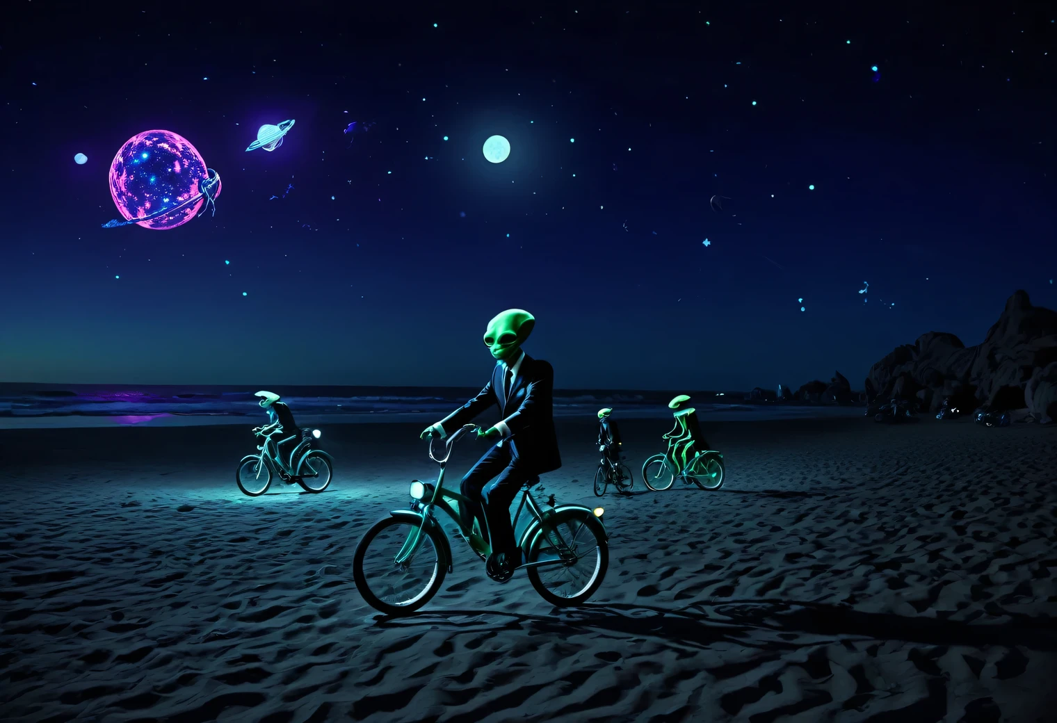 Strange unusual humanoid creatures on bicycles, night, alien planet, alien fauna, alien sea beach, alien bicycles, vintage business suits, alien technology, alien planets and unknown constellations in the night sky, fantastic bicycle ride on an alien planet, alien fantasy landscapes and scene  , alien beach party lights, ultraviolet, neon, strobe, cinematic shot, extremely detailed (hand-drawn cartoon style)