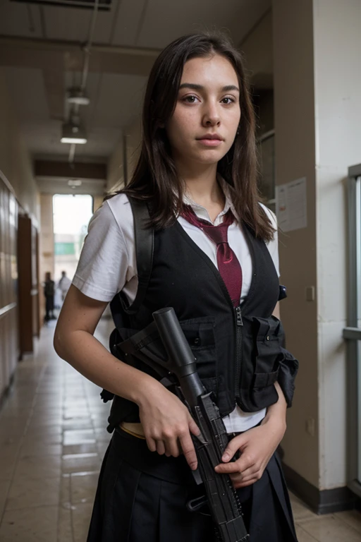 School children with bulletproof vests and weapons entering a school