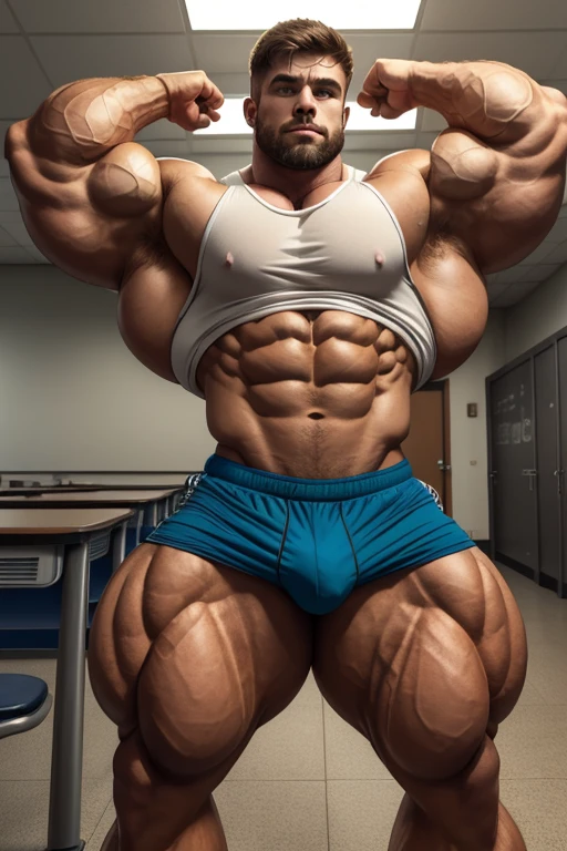 A normal high school teenager standing between two massive muscular dumb jock bros with dull glassy-eyed stares flexes and stares blankly ahead with open mouth as his muscles grow bigger and tear out of his tight shirt, assimilating to become just another stereotypical dumb bodybuilder jock bro in the school community as he flexes with his new classmates, saying, "Give in to the swelling tide. The dumb jock grows. The old nerd dies." in dull mindless voices as he becomes just as dull and glassy-eyed. A less muscular student watches in horror, even as he starts to flex with them and his eyes become dull. Hyper muscles. Big biceps. Big triceps. Big traps. Broad shoulders. Massive pecs. Strong abs. Broken Tank top straps. Bulging crotch. Hyper bulge. Bro. Brain to brawn. Brute. Assimilation. Hypnosis. Brainwashing.  Dumber and dumber. IQ drain. Compression gear. Hairy armpits.