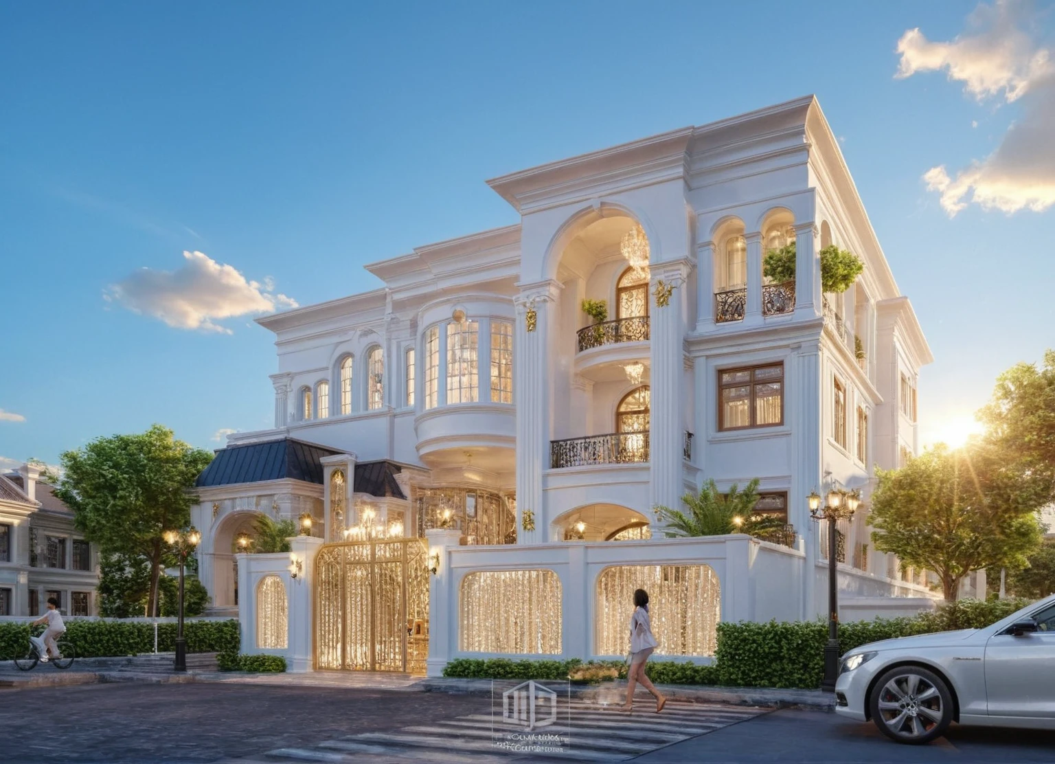 ,Masterpiece, Best quality,8K, Ultra-high resolution, rich atmosphere of luxury。Ornate crystal chandeliers hang high on the wall,Shine brightl . It is so comfortable,So much so that you can't help but indulge in it。Embellished with precious porcelain and champagne gold ornaments。Whenever it is late afternoon,The afterglow from the window spilled on the floor,Soft light and shadow are reflected,It was as if entering a dreamlanD,,Architectural style Architectural style, ((Classic Style House)),(masterpiece) , ((best quality)), dramatic lighting, high quality outdoors, sky, day, cloud, tree, blue sky, building, scenery, road, real world location, sunlight, enough detail, high resolution,super realistic, Photorealistic, highly detailed, balcony, door, car, truck, parking slot, paving, . Clean lines, architectural drawing, highly detailed , . Clean lines, geometric shapes, architectural drawing, highly detailed, (( round column : 1,3)), round pillar,