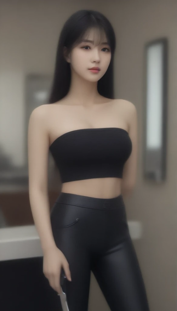 close-up of beautiful Korean female, long hair, straight hair, flat bangs hair, 38 inches breasts size, wearing punk tube top, short pants legging, holding scissors, at the barbershop male place, UHD