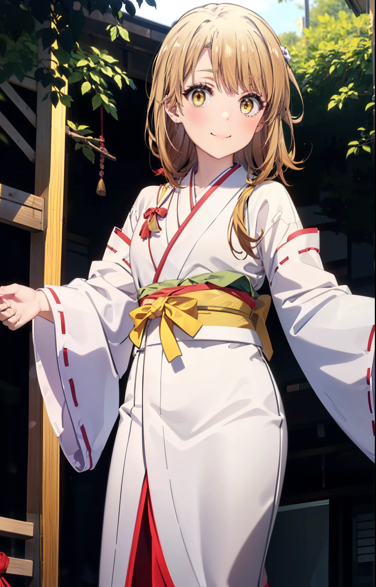 irohaisshiki, iroha isshiki, Long Hair, Brown Hair, (Brown eyes:1.5), smile,Bellflower,Shrine maiden, 白色kimono, kimono,Long red hakama ,White tabi,Sandals,Same as skirt, Wide sleeves, Long sleeve, Ribbon Trim Sleeve, 
very Long Hair, Blunt bangs, Low Ponytail, 
break outdoors, 神社
break looking at viewer,whole body, (Cowboy Shot:1. 5)
break (masterpiece:1.2), highest quality, High resolution, unity 8k wallpaper, (shape:0.8), (Beautiful and beautiful eyes:1.6), Highly detailed face, Perfect lighting, Highly detailed CG, (Perfect hands, Perfect Anatomy),