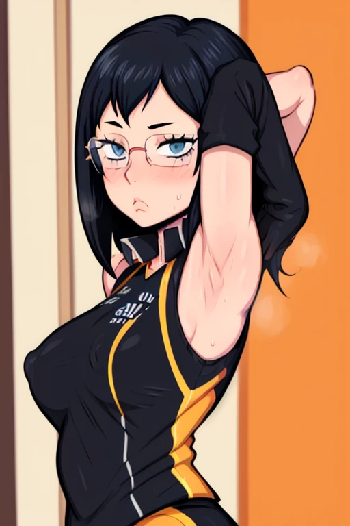 masterpiece, best quality, shimizu kiyoko looking at viewer, black hair, blue eyes color, very large breasts, upper body, portrait, looking at viewer, flat expression, armpits, armpits visible, sweaty armpits, wearing black orange volleyball uniform, wearing glasses, nipple hard