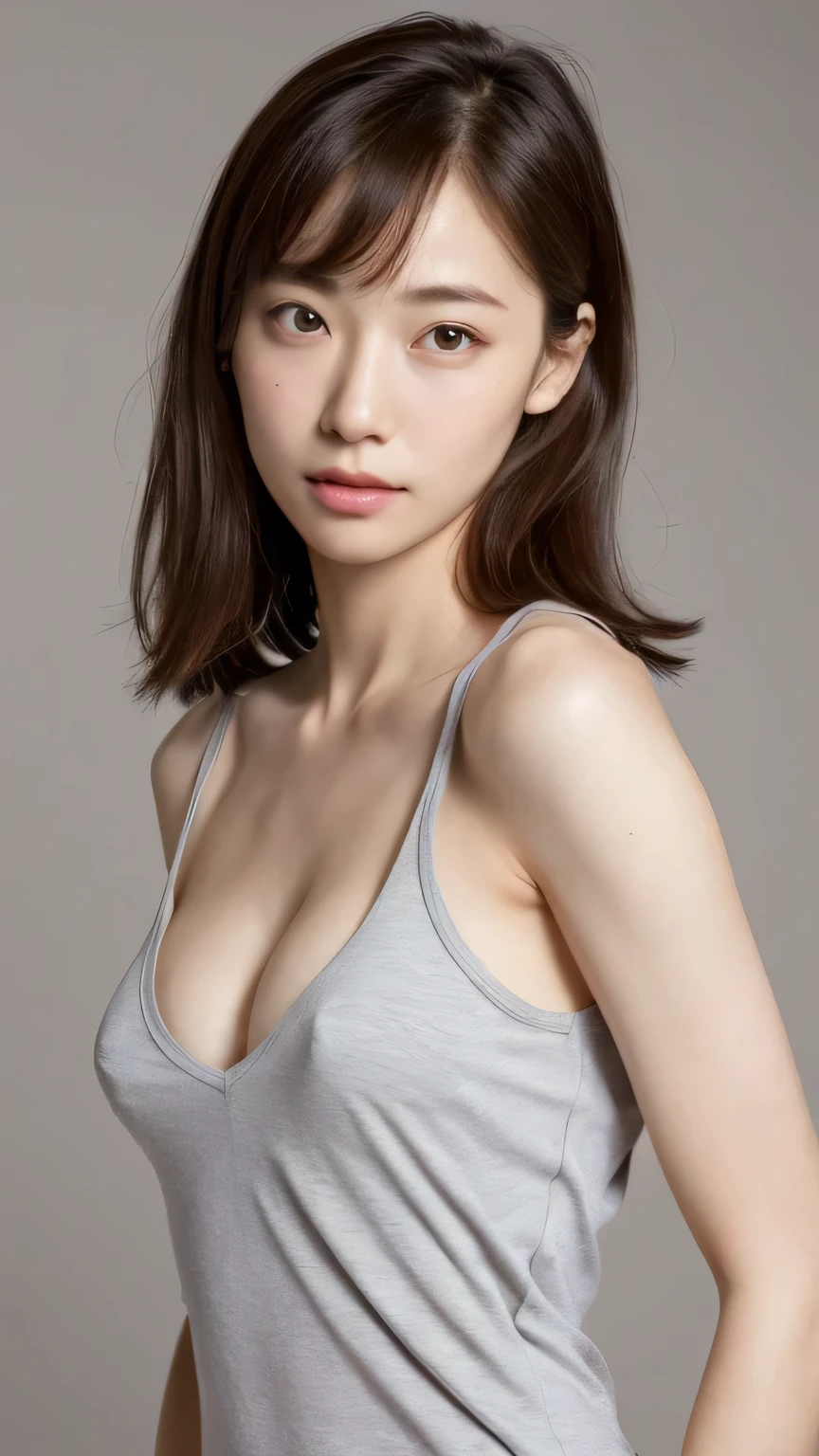 Sculpt a sexy pose, (masterpiece:1.3), (8k, Realistic, RAW Photos, highest quality:1.4), (1 girl), Beautiful Face, Realistic face, (Detailed face), Beautiful Hairstyles, (Thin Hair), Realistic eyes, (Fine Eyes), Beautiful details, Realistic skin, (Fine skin), Beautiful Skin, charm, Ultra-high resolution, Surreal, Very detailed, (Flat Chest:0.5), The Beauty of Japan, (Slim figure), kind, Brown Hair, Cute young Japanese girl, Cute young Japanese girl, (Simple gray background), Flat Chest :1.2, Emphasize cleavage, Malaise, Wide Shot, (ankle shot), Wearing a large T-shirt without a bra, Girlish, The nipples are protruding, pubic hair,(((Full body portrait)))