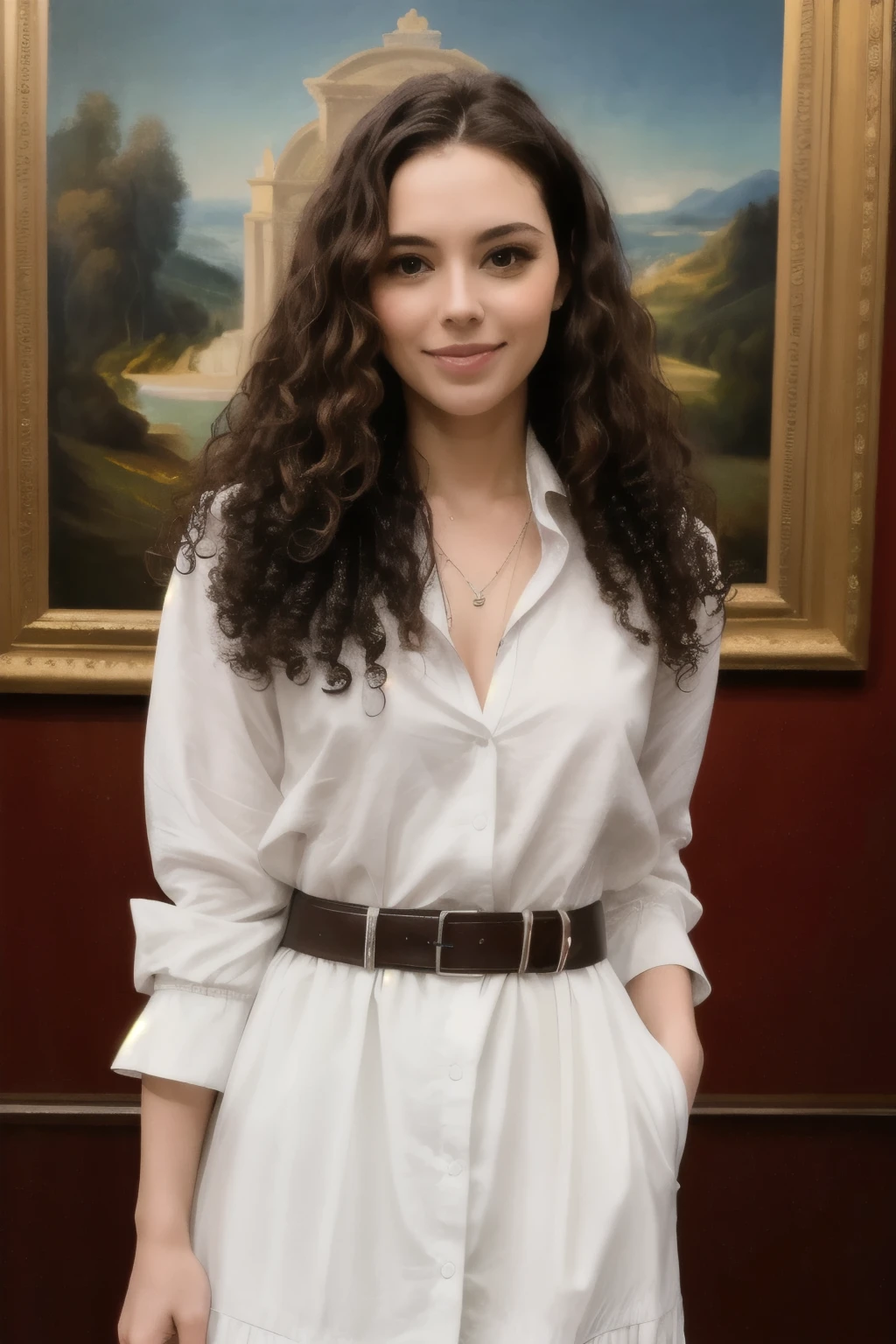 ((best quality)), ((masterpiece)), full body picture of white woman with long curly brown hair