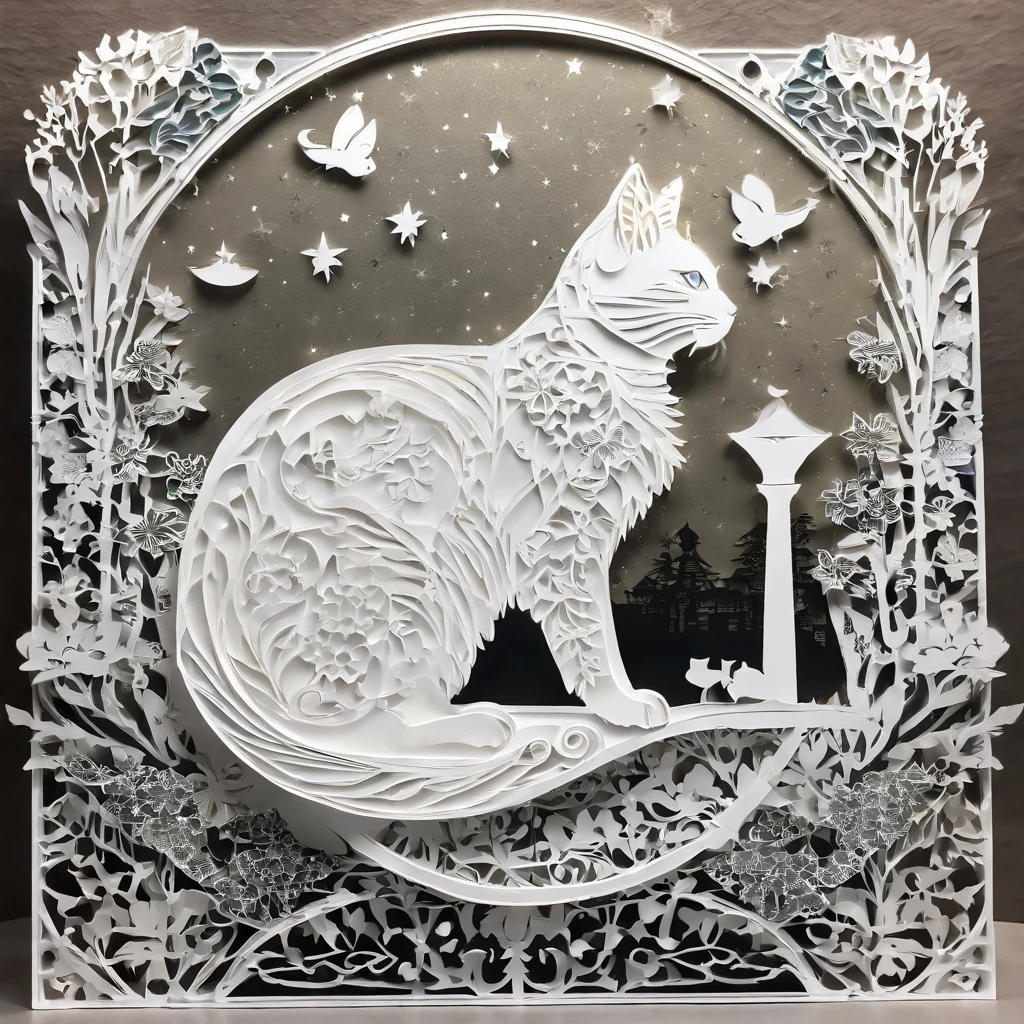 A beautiful white cat enjoying a tarot card reading，moonlight，Fantastic background with starlight