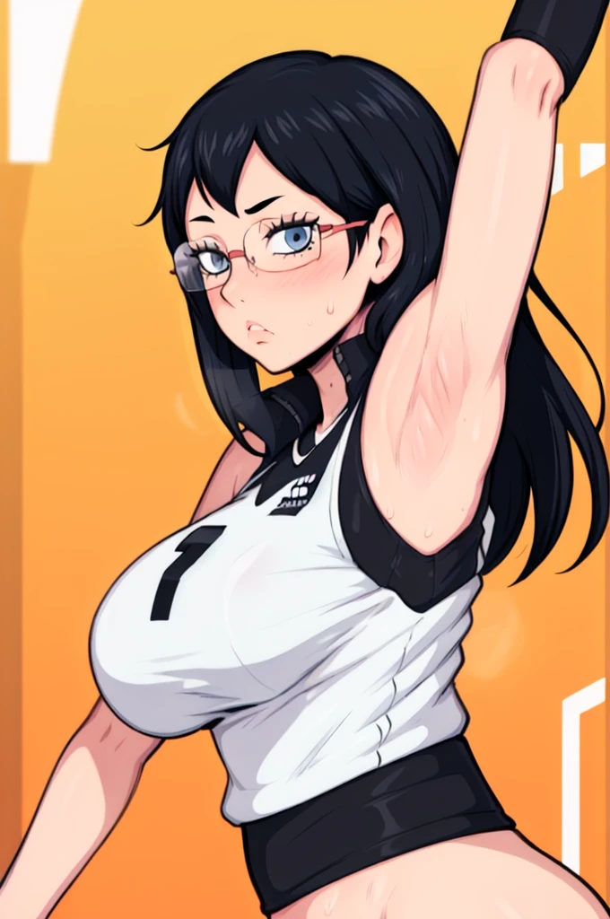 masterpiece, best quality, shimizu kiyoko looking at viewer, black hair, blue eyes color, very large breasts, upper body, portrait, looking at viewer, flat expression, armpits, armpits visible, sweaty armpits, wearing black orange volleyball uniform, wearing glasses,