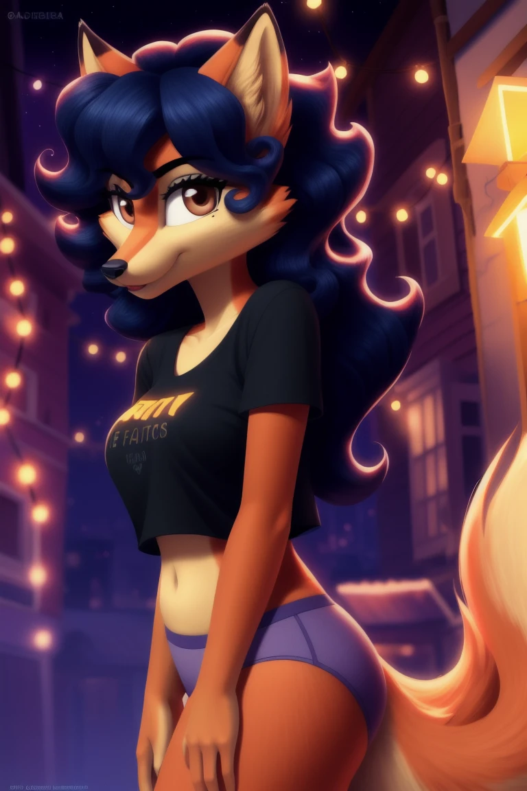 hairy, orange fur, ultra cute face, brown eyes, medium hair, medium breasts, dark orange elements in the fur, bright t-shirt, beautiful lights and shadows, ambient light, ultra detailed hair, volumetric light, cute fox tail, low-cut t-shirt, white panties, carmelita