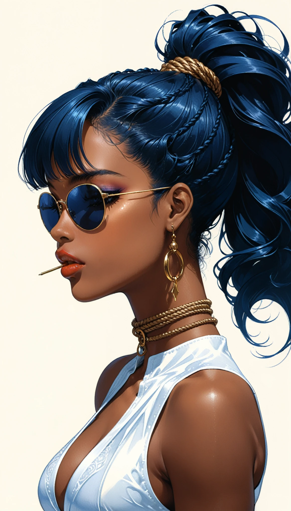 (in style of Karol Bak:1.1),in style of Daniel Merriam,
1girl,long dark blue hair,high ponytail,air bangs,white wrap vest,black sunglasses between the breasts,1990s \(style\),sketch with thick lines,portrait in profile,dark skin,the head rope is on the mouth,hands clutching the ponytail,glass ball background