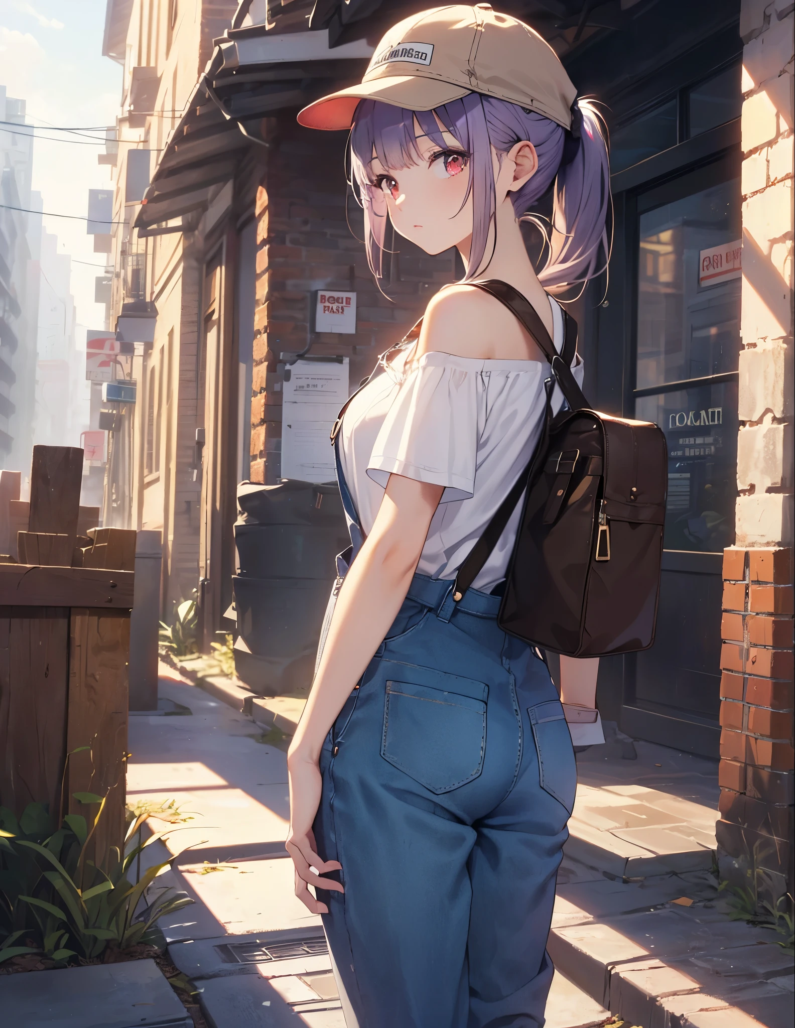(Close-up:1.3),Realistic,highest quality, Super detailed, High-quality CG rendering, The most delicate and beautiful, Floating softly, High resolution, (1 girl), (highest quality,4K,8k,masterpiece:1.2), Light purple hair,(ponytail:1.5),Red eyes,(Brown overalls:1.3),(Pure white T-shirt:1.3),(Brown hunting hat:1.3),In the city,old buildings,(whole body:1.3),(Turn your back to your audience:1.3),Ass,(Small shoulder bag:1.3),Brown boots