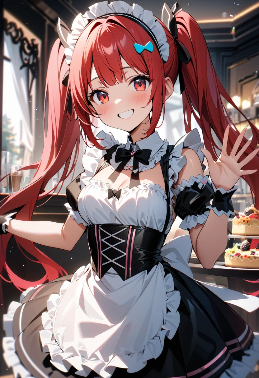 High quality, high definition, hig
h precision images,8k 1Girl、red hair,Twin tails,Red eyes.(robot style red and white barrette)、colorful maid Cafe, White and red luxurious frilled maid outfit、Smiling and waving in front of a luxurious mansion Seeing off customers