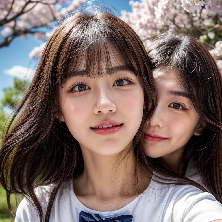 Best_Quality, HDR, masterpiece, Hi-Res, (realistic and photorealistic with touch of rawness:1.37), (group photo:1.6), ((SchoolGirls Surrounding the camera in Upward composition)), Panoramic, (Filled with many Faces), (NOGIZAKA face variations:1.4), { Looking down at the camera | (Kissing face to face) }, (((close:1.2, Face closeup from below:1.4))), (((Sky background)) with CherryBlossoms) . BREAK  Extremely Detailed KAWAII face variations, captivating gaze, elaborate detailed Eyes with (sparkling highlights:1.32), long eyelashes、Glossy RED Lips with beautiful details, Coquettish tongue, Rosy cheeks, Glistening ivory skin . { (Dynamic joyful expressions) | (:D) | (Kissing) }, Childish, SchoolUniform, Every girls have different hair colors and styles, { Slipped back hair | Bangs | Hime cut  | OKAPPA | White Silver hair | Blonde hair | Dark hair }