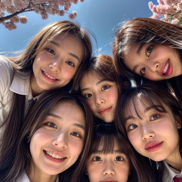 Best_Quality, HDR, masterpiece, Hi-Res, (realistic and photorealistic with touch of rawness:1.37), (group photo:1.6), ((SchoolGirls Surrounding the camera in Upward composition)), Panoramic, (Filled with many Faces), (NOGIZAKA face variations:1.4), { Looking down at the camera | (Kissing face to face) }, (((close:1.2, Face closeup from below:1.4))), (((Sky background)) with CherryBlossoms) . BREAK  Extremely Detailed KAWAII face variations, captivating gaze, elaborate detailed Eyes with (sparkling highlights:1.32), long eyelashes、Glossy RED Lips with beautiful details, Coquettish tongue, Rosy cheeks, Glistening ivory skin . { (Dynamic joyful expressions) | (:D) | (Kissing) }, Childish, SchoolUniform, Every girls have different hair colors and styles, { Slipped back hair | Bangs | Hime cut  | OKAPPA | White Silver hair | Blonde hair | Dark hair }