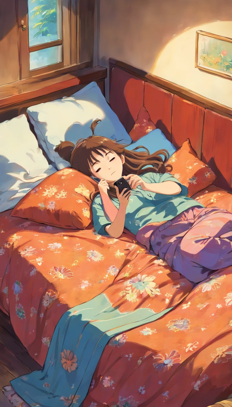 Girl lying on bed looking at mobile phone、Long Hair、pajamas、chill