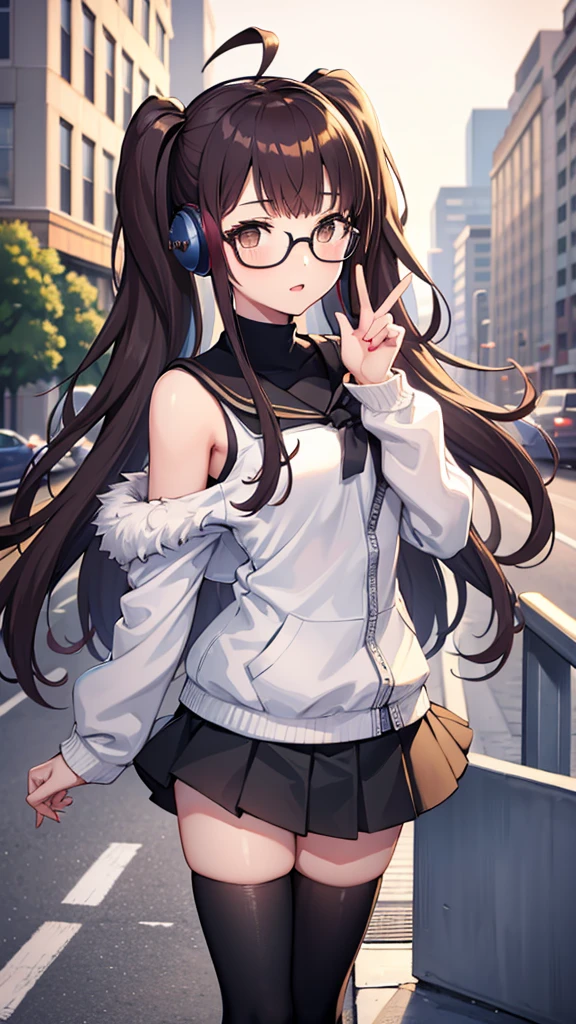 masterpiece, best quality, highres, 1girl, solo, kujikawadef, twintails, , black serafuku, long sleeves, skirt, thighhighs, jewelry, earrings, futabasakura, blunt bangs, glasses, black-framed eyewear, ahoge, small breasts, glasses, headphones, behind-the-head headphones, white shirt, jacket, off shoulder, fur trim, fur-trimmed jacket, green jacket, shorts, thighhighs, boots, happy, cowbow shot, city street