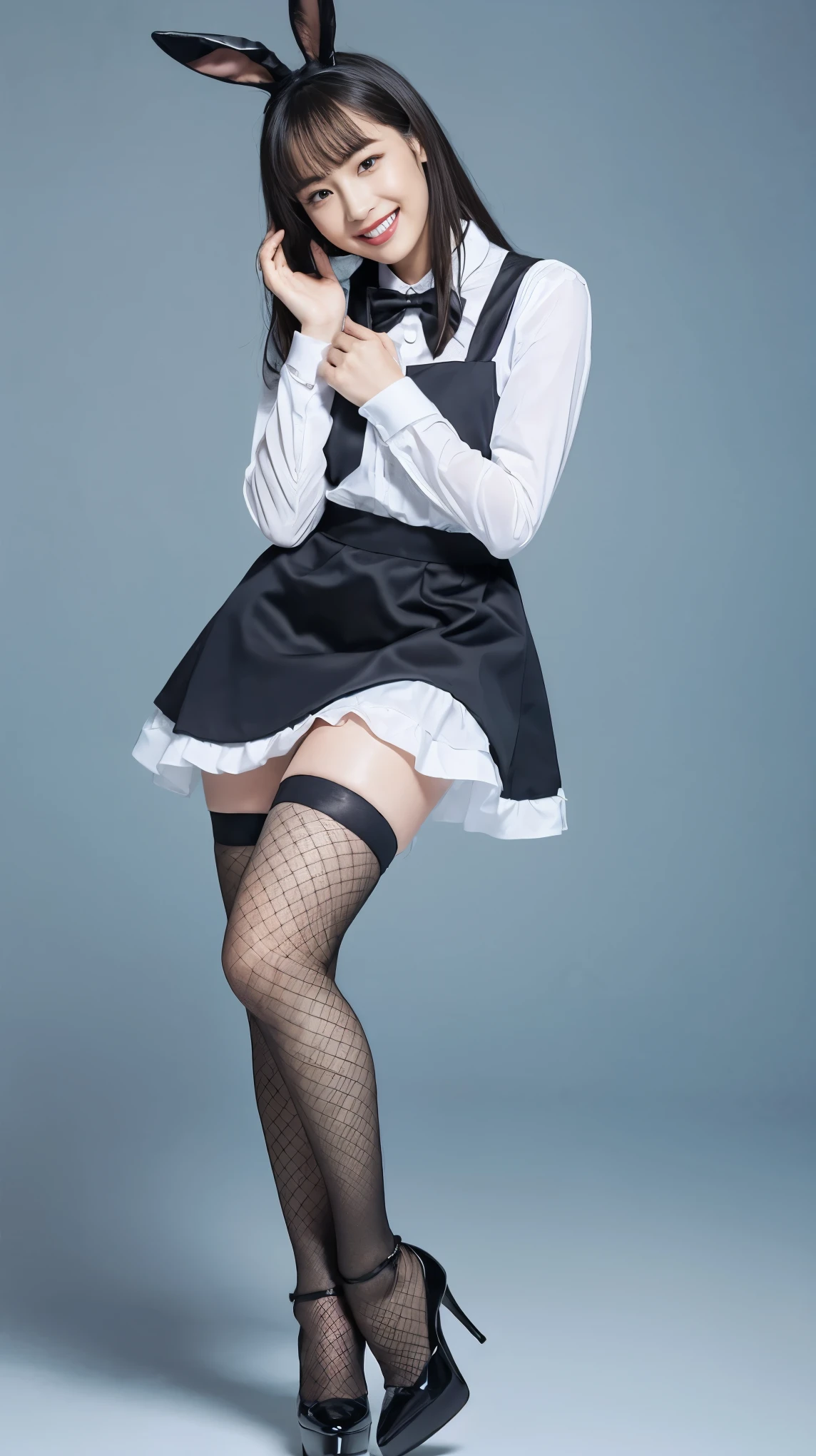 Bunny girl in maid outfit:1.5，Wearing light blue fishnet stockings:1.5，The best smile:1.5，Full Body Shot:1.5，Gray background:1.5，Wearing black high heels:1.5，