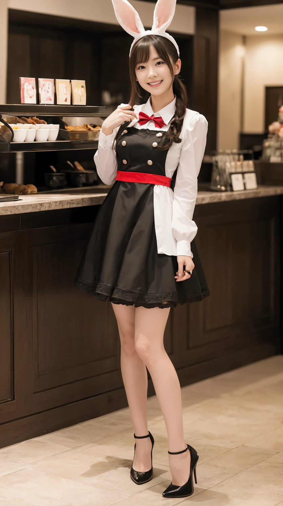 A bunny girl in a red maid outfit working at a maid cafe:1.5,The best smile:1.5,Full Body Shot:1.5,Gray background:1.5,Wearing black high heels:1.5,