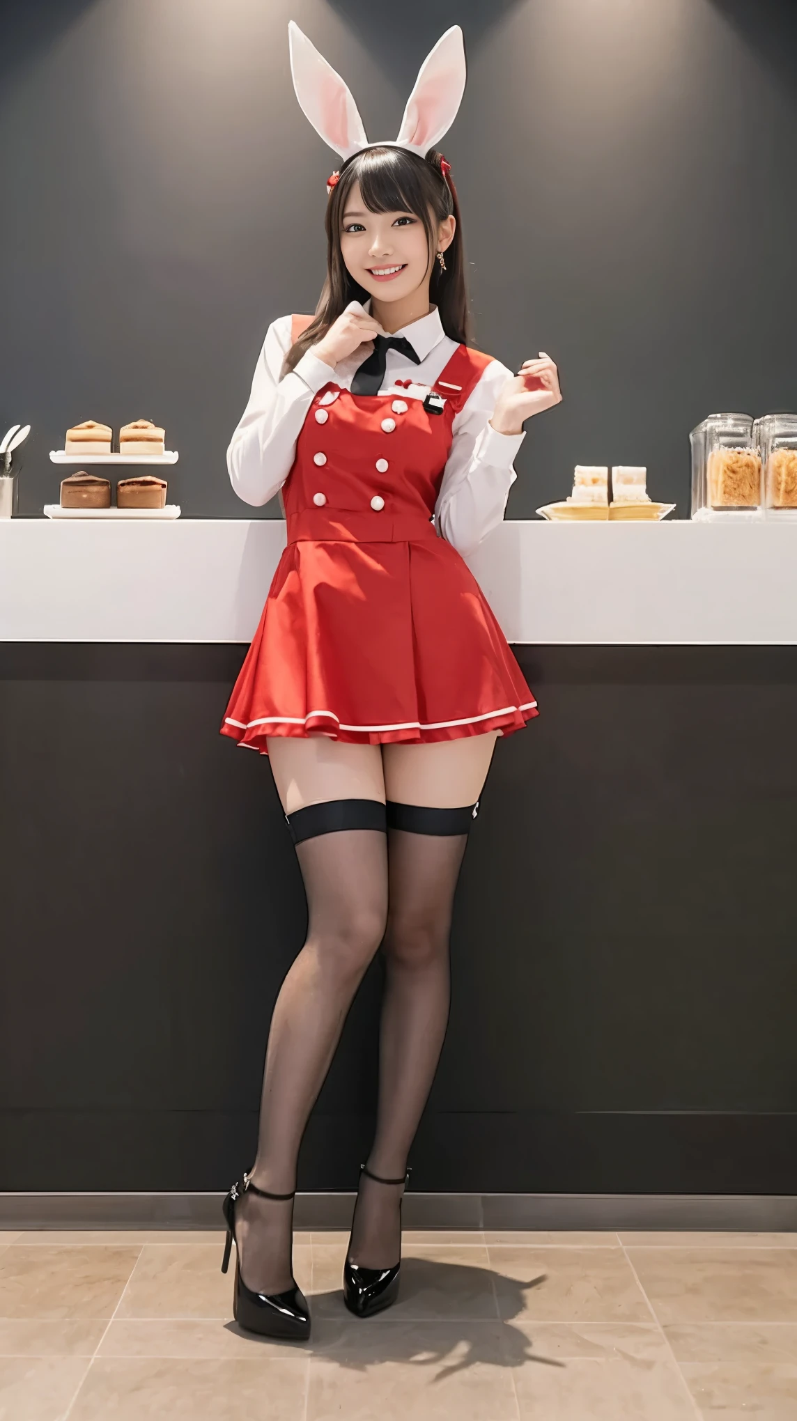 A bunny girl in a red maid outfit working at a maid cafe:1.5，The best smile:1.5，Full Body Shot:1.5，Gray background:1.5，Wearing black high heels:1.5，