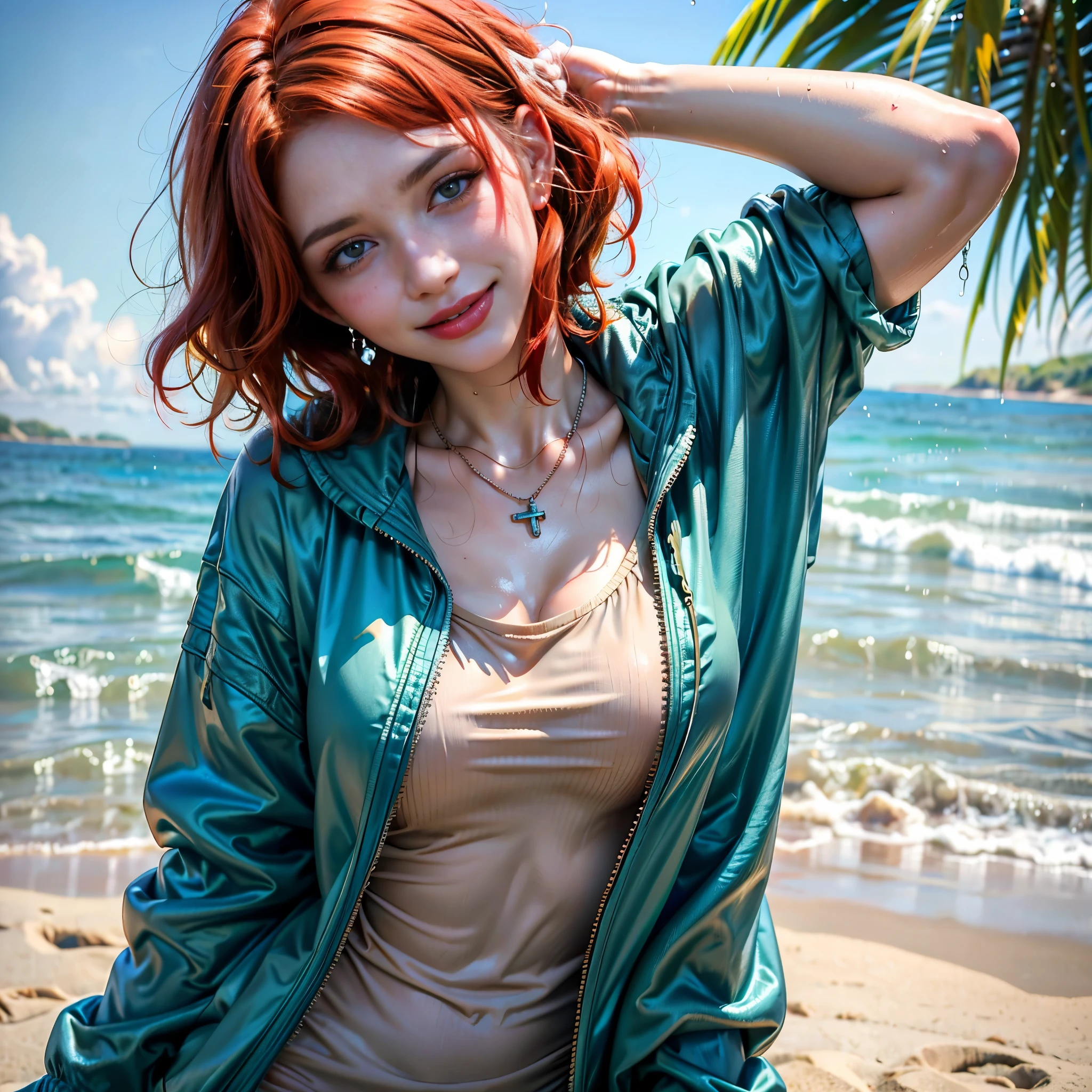 (Best quality, 8k, 32k, Masterpiece, UHD:1.2),Photo of Pretty woman, very short bob hair,upper body,face focus,oversized_shirt, necklace, background, looking at viewer, dyed red hair, tropical beach, smile, jacket, tunic, wet clothes, wet, soaked, christina hendricks