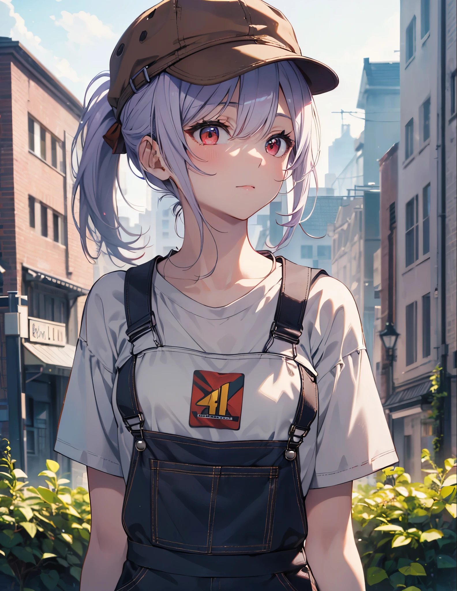 (Close-up:1.3),Realistic,highest quality, Super detailed, High-quality CG rendering, The most delicate and beautiful, Floating softly, High resolution, (1 girl), (highest quality,4K,8k,masterpiece:1.2), Light purple hair,(ponytail:1.5),Red eyes,(Brown overalls:1.3),(Pure white T-shirt:1.3),(Brown hunting hat:1.3),In the city,old buildings,(Upper Body:1.3),