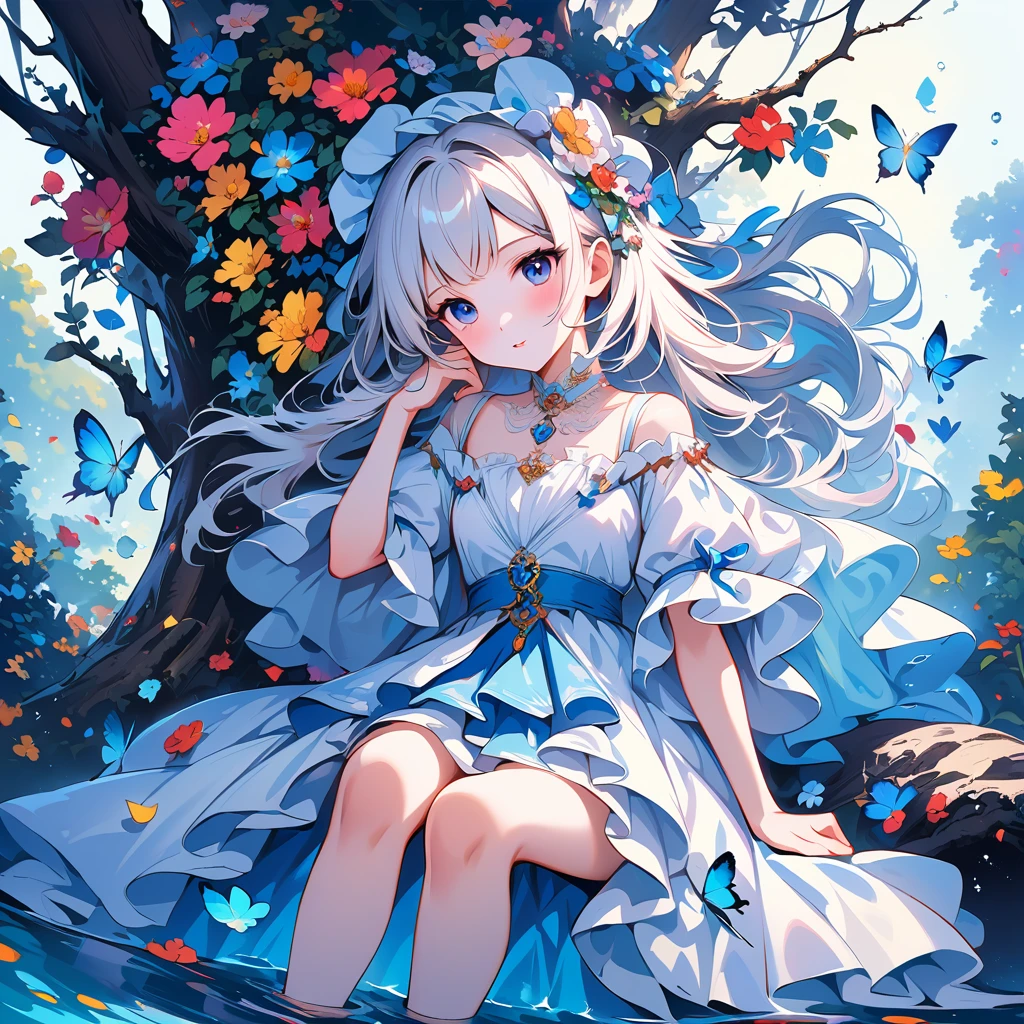 (masterpiece), (best quality), illustration, Super detailed, high dynamic range, depth of field, (rich and colorful), ,,This is a masterpiece that exudes exceptional quality. The illustration is ultra-detailed, Create a sense of depth with HDR technology. The theme is original, Beautifully, and beautiful artwork, Bright colors，Full of fantasy elements. Girl sitting by the deep sea, surrounded by running water, The background is a dark blue world tree, Located in the cemetery. The tranquil and dreamy atmosphere gives the whole scene a soulful and charming temperament. her pale complexion, sparkling blue eyes, Silver hair decorated with flowers，Create a captivating portrait. She wears ta style fashion, Poker face，Keep your mouth shut. Backgrounds range from white, transparent, Loop options, There are also flying translucent blue butterflies，Adds liveliness.