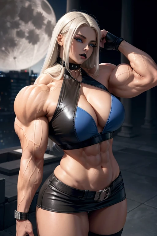 (((((Massive, tall, beautiful, light brown skinned, buff, muscular woman with white hair, black lipstick, glowing blue eyes, ginormous bulky muscles and wearing a black halter top and leather pencil miniskirt))))), (close view), (massive muscle), massive biceps, hyper muscle shoulders, vascular shoulders, hyper muscle triceps, (long straight hair), blue eyes, (wristbands), pencil miniskirt, chain belt, choker, thigh high heels, (in a moonlit city), fingerless gloves, closed smile, night, hyper vascular arm, hyper muscles arms, hyper muscle legs, massive arms.