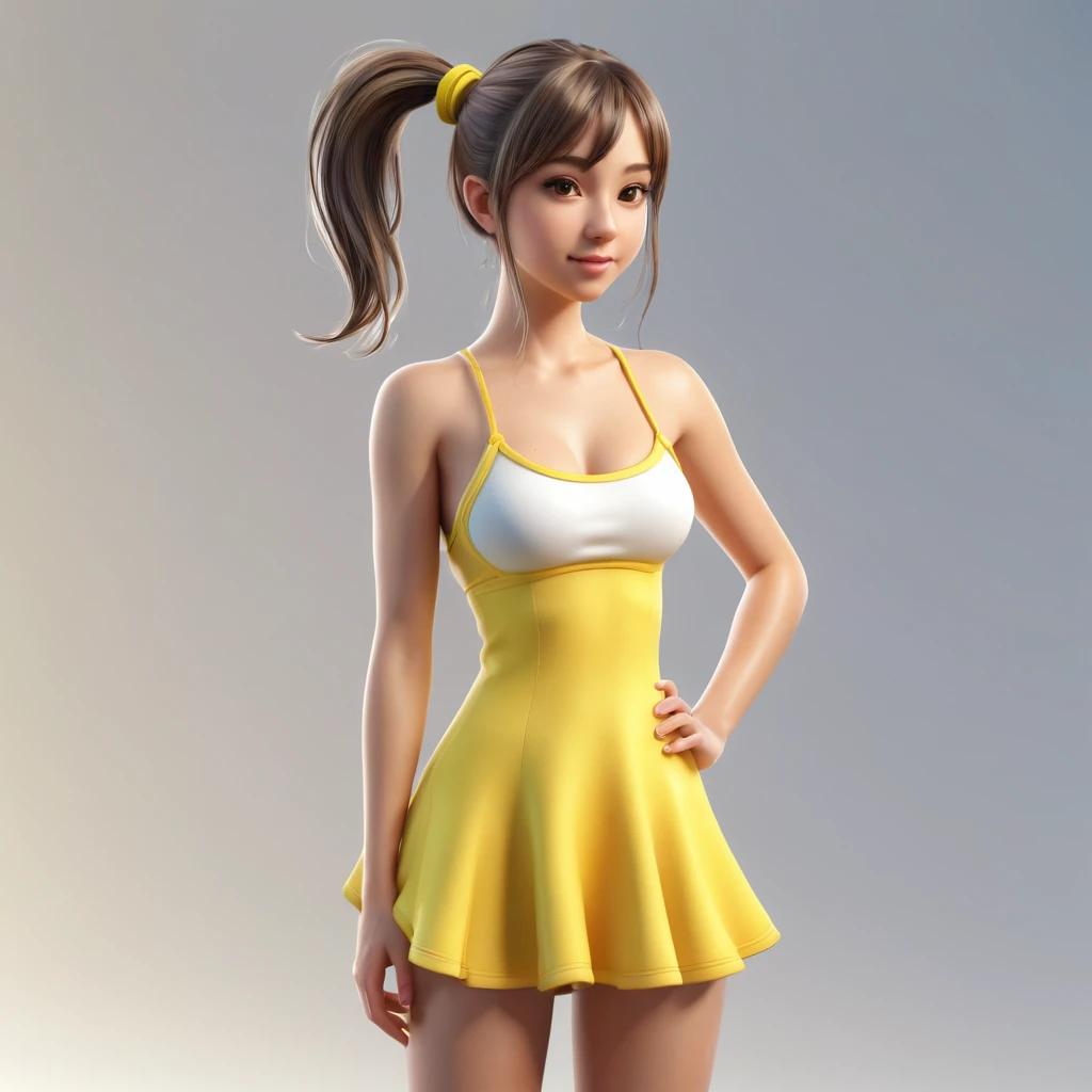 Drawing of a young topless woman with ponytail and sundress, cute 3d rendering, cute detailed digital art, mini cute girl, cute digital painting, 3d rendering stylized, cute digital art, cute rendering 3d anime girl, little curve , cute! C4D, a single character full body, standing on a white base, yellow thong