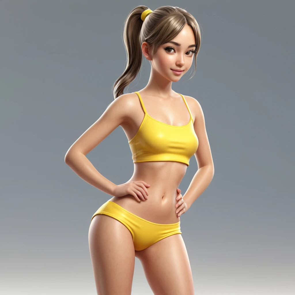 Drawing of a young topless woman with ponytail and sundress, cute 3d rendering, cute detailed digital art, mini cute girl, cute digital painting, 3d rendering stylized, cute digital art, cute rendering 3d anime girl, little curve , cute! C4D, a single character full body, standing on a white base, yellow thong