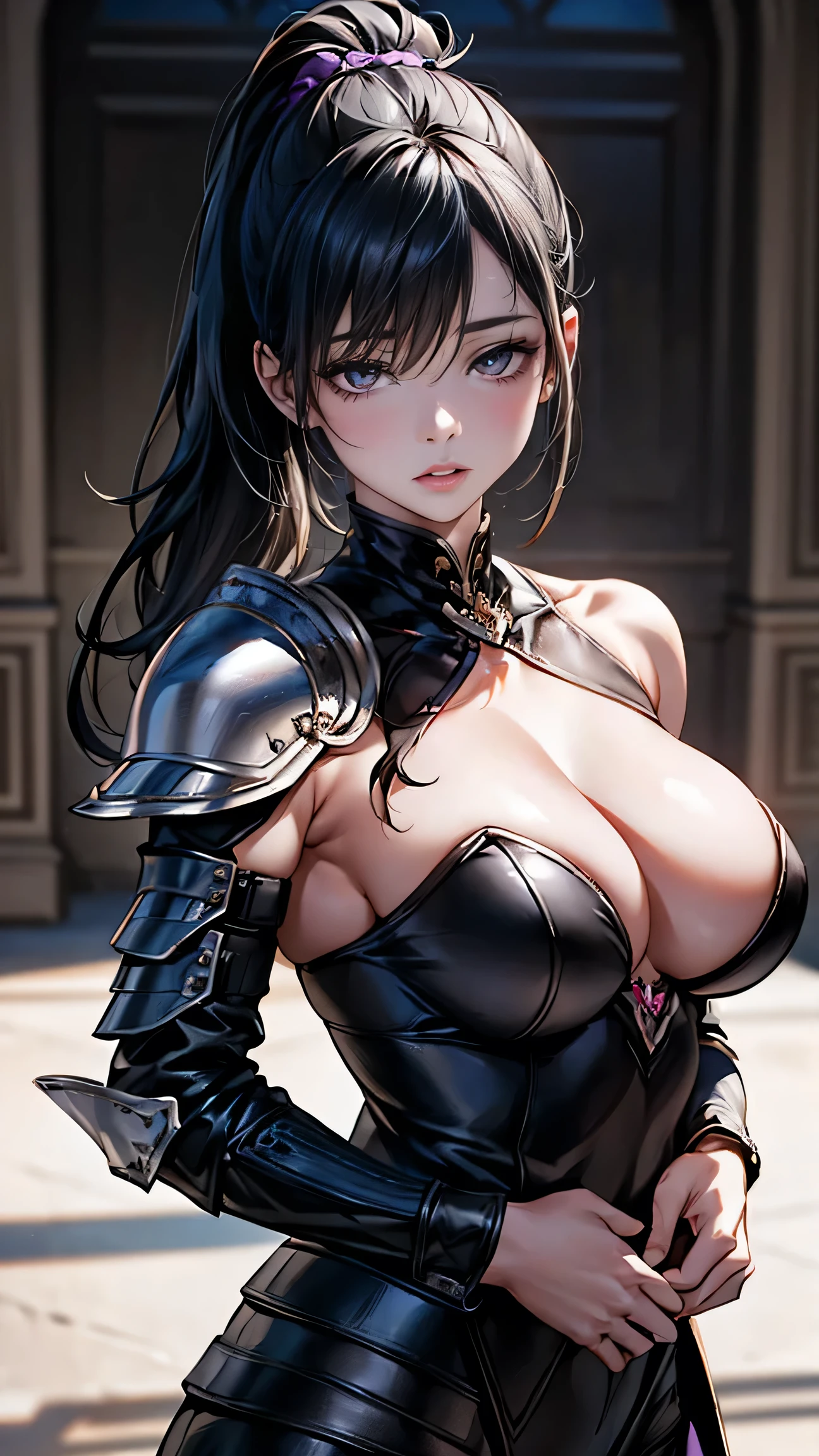 highest quality、masterpiece、8k、Realistic、超High resolution、Very delicate and beautiful、High resolution、Cinema Lighting、On the battlefield of another world、Portraiture、Glamorous physique:1.6、Bewitching Charm、(Large Breasts:1.6)、Opposition、Looking at the audience、((Long black hair、ponytail:1.6、Deep purple eyes))、Intelligent and mysterious、Demonstrate calm observation、(Ovoid contours、Thin lips、Narrow eyes:1.3)、Lightweight and quick to move、((Black and purple leather armor:1.6、Designed for covert operations))。(Shoulder and waist holsters for throwing knives、A small silver charm bracelet on her left wrist)、Unobtrusive but magically protective、Walk quietly、Moves as smoothly as a shadow、View your viewers:1.5、