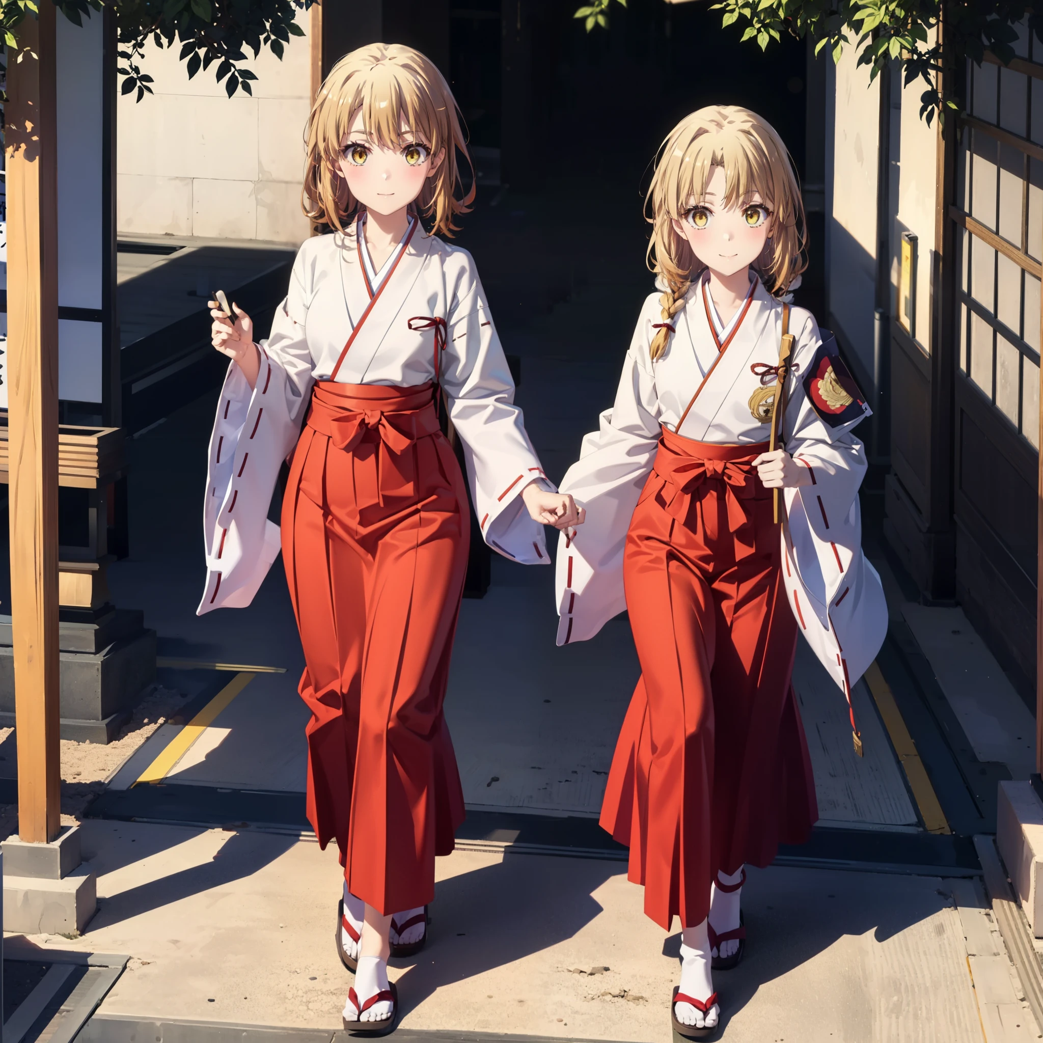 irohaisshiki, iroha isshiki, Long Hair, Brown Hair, (Brown eyes:1.5), smile,Bellflower,Shrine maiden, 白色kimono, kimono,Long red hakama ,White tabi,Sandals,Same as skirt, Wide sleeves, Long sleeve, Ribbon Trim Sleeve, Long braids,whole bodyがイラストに入るように,Walking,Looking down from above,
break outdoors, 神社
break looking at viewer,whole body,
break (masterpiece:1.2), highest quality, High resolution, unity 8k wallpaper, (shape:0.8), (Beautiful and beautiful eyes:1.6), Highly detailed face, Perfect lighting, Highly detailed CG, (Perfect hands, Perfect Anatomy),
