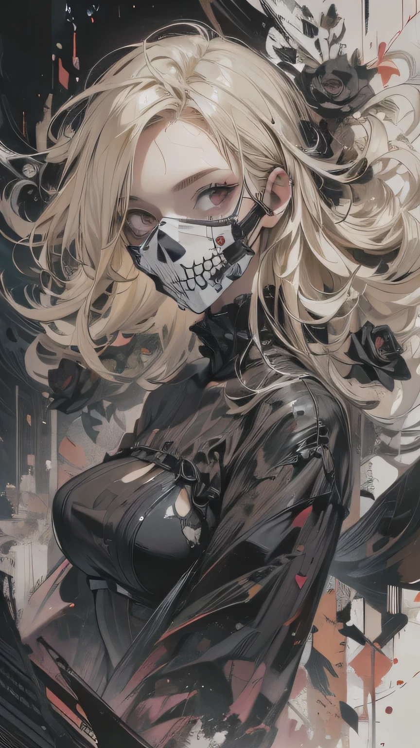 (masterpiece, High resolution, highest quality), Composition from head to thighs:1.3, Upper body focus, A 20-year-old woman wearing a large black cloth over her naked body., Skull Face Mask, Blonde Hair, Disorganized, Black Rose Collage, abstract design, artistic juxtapositions, Black Background, mixed-media approach, Anime Style, simple lines, Digital Painting,