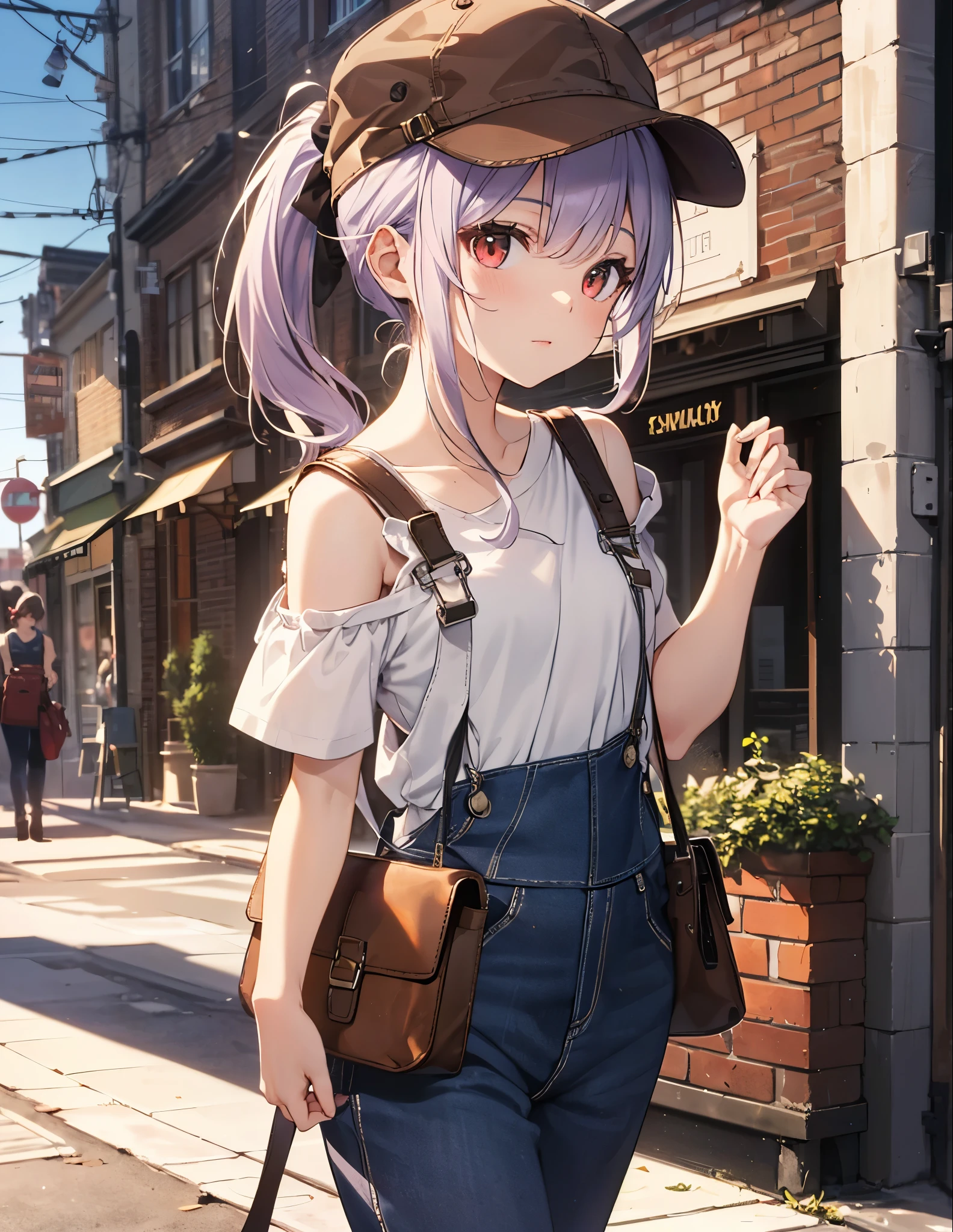 (Close-up:1.3),Realistic,highest quality, Super detailed, High-quality CG rendering, The most delicate and beautiful, Floating softly, High resolution, (1 girl), (highest quality,4K,8k,masterpiece:1.2), Light purple hair,(ponytail:1.5),Red eyes,(Brown overalls:1.3),(Pure white T-shirt:1.3),(Brown hunting hat:1.3),In the city,old buildings,(whole body:1.3),(Small shoulder bag:1.3),Brown boots