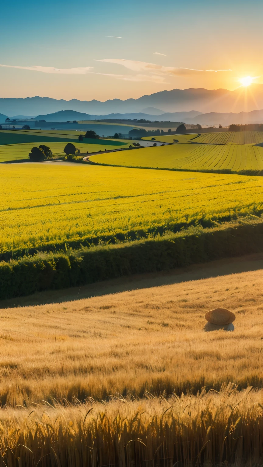 Rye field view,Minimalist style,Green wheat fields,Farmers harvesting wheat in the distance,Turn your back to the sun,The peasants wear straw hats,Golden Sunshine,Shining on people and wheat fields,Wheatfield Exhibition More Than Half,Blue sky in the distance、Distant Mountains,White Cloud,sun