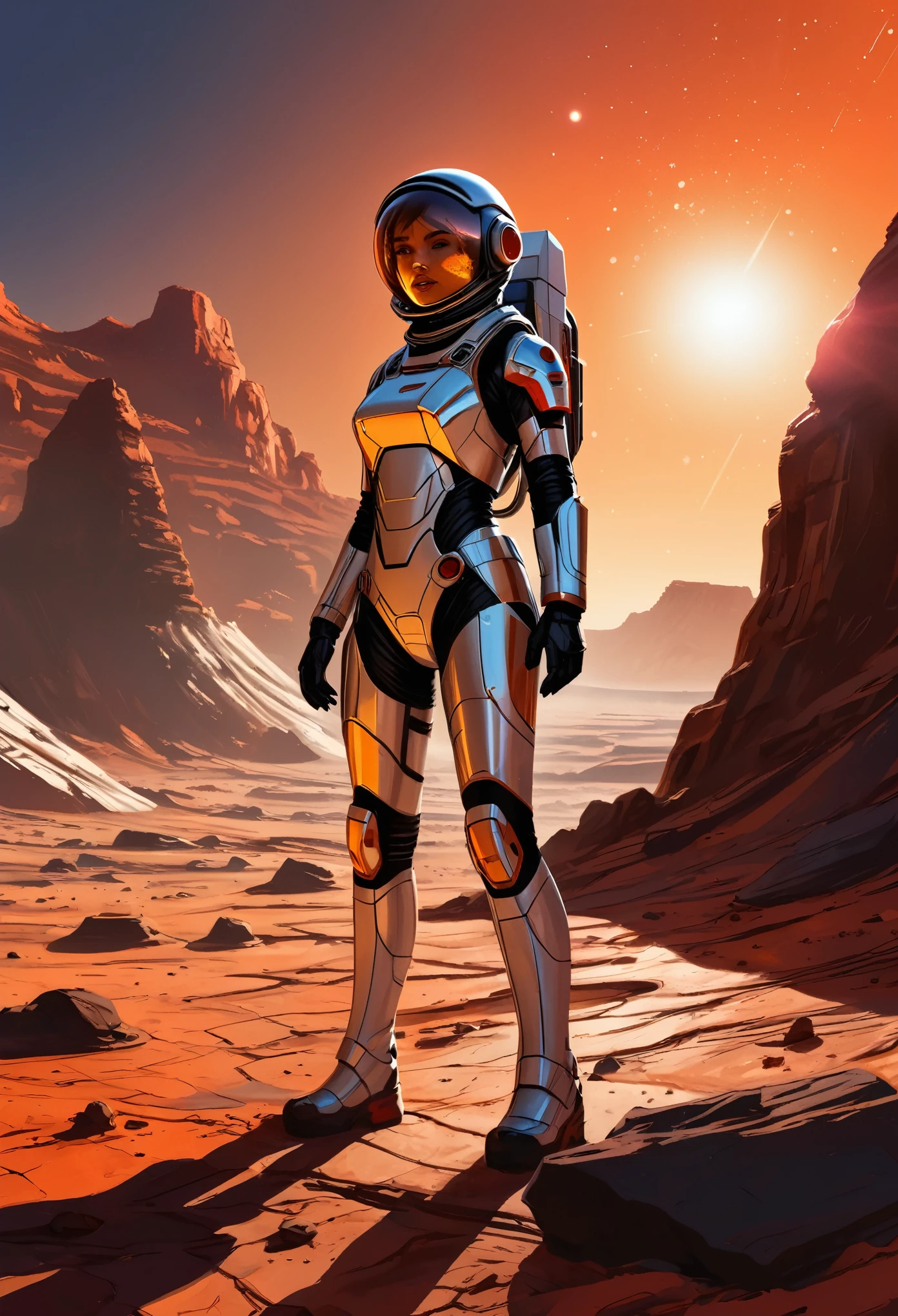 (comic book art) Girl exploring a mysterious landscape on Mars, wearing a futuristic spacesuit with glowing LED lights, surrounded by red dust particles. The color palette is dominated by shades of red and orange, reflecting the Martian environment. The lighting is set to simulate the warm glow of the sun on Mars, casting long shadows on the rocky terrain. The girl's eyes are vivid and expressive, showcasing her curiosity and determination. She is holding a high-tech device in her hand, scanning the surroundings for any signs of life. As she explores, she discovers remnants of an ancient Martian civilization, with crumbling structures and hieroglyphic symbols carved into the rocks. (Roy Lichtenstein, comic book art, perfect, smooth)