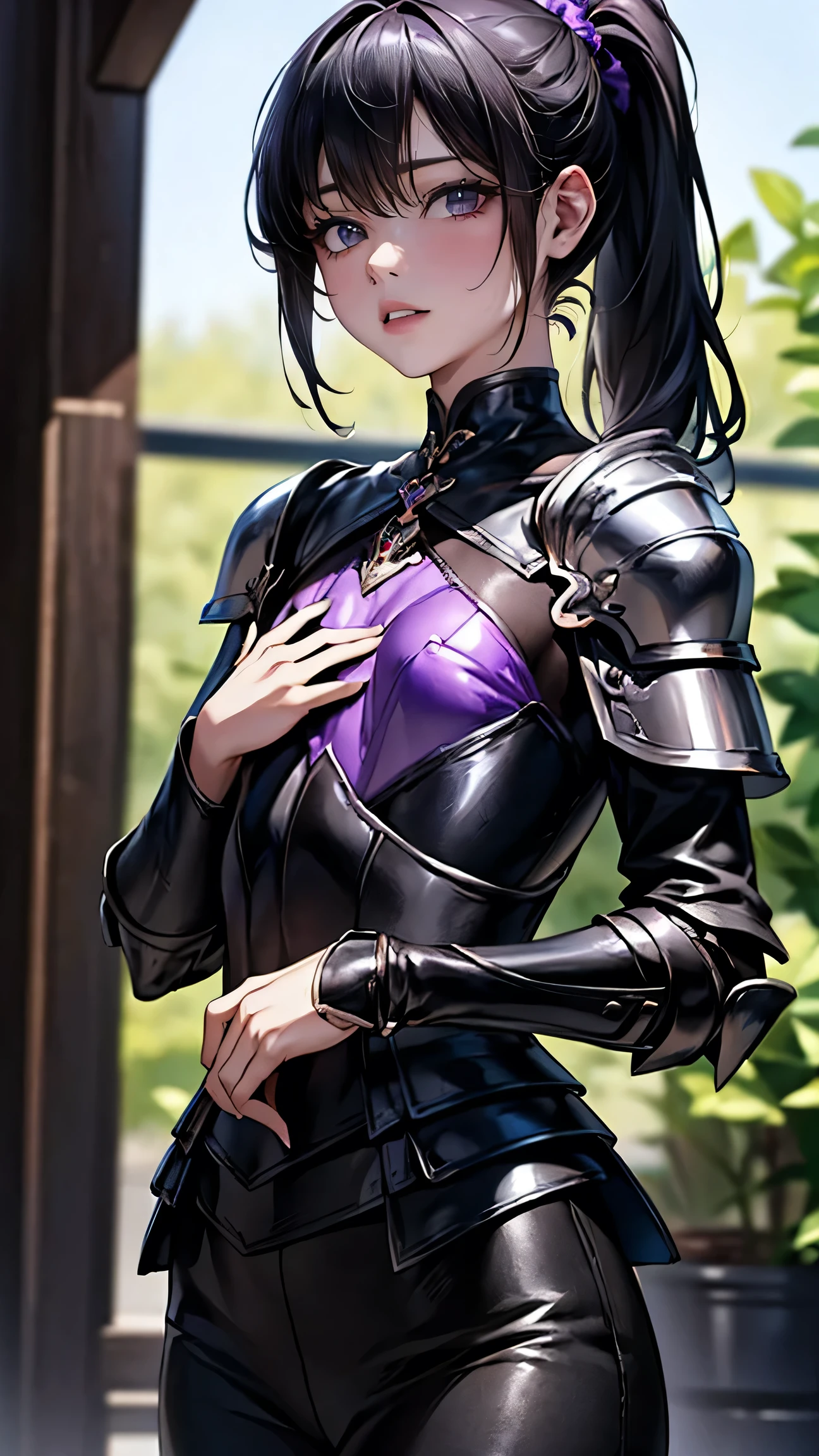 highest quality、masterpiece、8k、Realistic、超High resolution、Very delicate and beautiful、High resolution、Cinema Lighting、On the battlefield of another world、Portraiture、Glamorous physique:1.6、Bewitching Charm、(Mid-chest:1.6)、Opposition、Looking at the audience、((Long black hair、ponytail:1.6、Deep purple eyes))、Intelligent and mysterious、Demonstrate calm observation、(Ovoid contours、Thin lips、Narrow eyes:1.3)、Lightweight and quick to move、((Black and purple leather armor:1.6、Designed for covert operations))。(Shoulder and waist holsters for throwing knives、A small silver charm bracelet on her left wrist)、Unobtrusive but magically protective、Walk quietly、Moves as smoothly as a shadow、View your viewers:1.5、