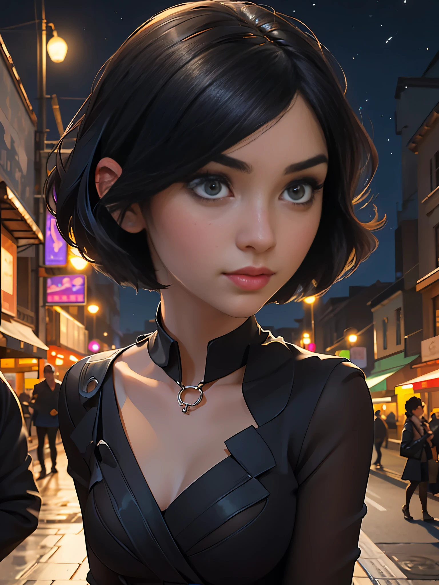 masterpiece, best quality, miranda, (halfbody shot,street lamps,moon),Masterpiece, 1girl, solo exhibition, beautiful woman on the bustling street, surrounded by hawkers, beautiful goddess girl portrait, beautiful and detailed face, porcelain skin, (((bust shot, center, night, black hair, short hair)), super soft lighting, symmetry, complexity, elegance, high detail, realism, art, concept art