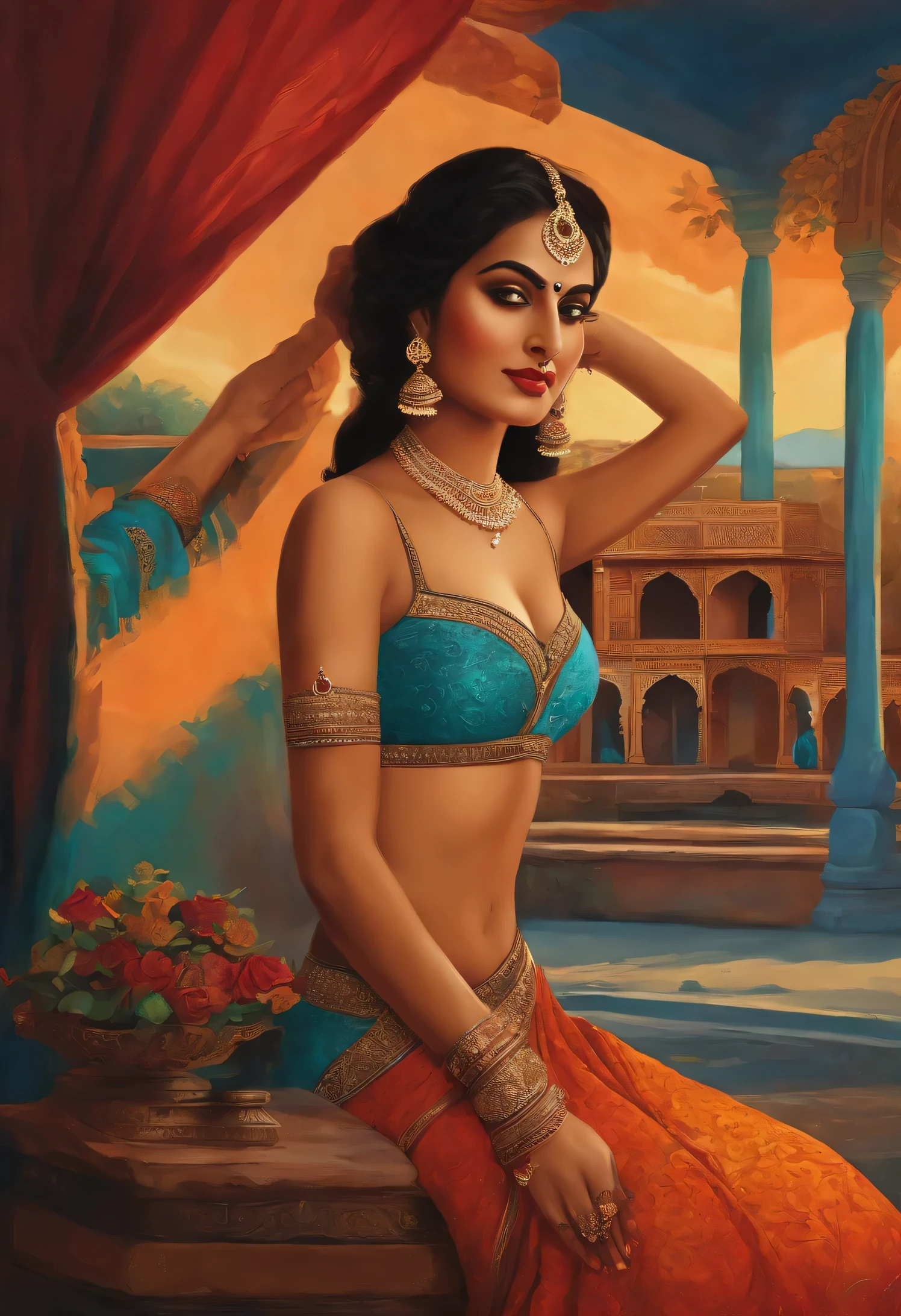 painting of a woman in a belly dance with a parrot on her shoulder, inspired by Raja Ravi Varma, arabian princess, arabian beauty, orientalism painting, arabian art, inspired by Osman Hamdi Bey, persian princess, inspired by Altoon Sultan, arab princess, indian goddess of wealth, traditional beauty, she is dressed as a belly dancer, exotic costumes