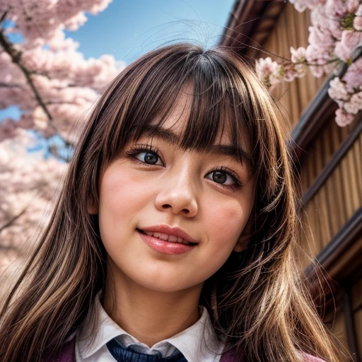 Best_Quality, HDR, masterpiece, Hi-Res, (realistic and photorealistic with touch of rawness:1.37), (group photo:1.6), ((SchoolGirls Surrounding the camera in Upward composition)), Panoramic, (Filled with many Faces), (NOGIZAKA face variations:1.4), { Looking down at the camera | (Kissing face to face) }, (((close:1.2, Face closeup from below:1.4))), (((Sky background)) with CherryBlossoms) . BREAK  Extremely Detailed KAWAII face variations, captivating gaze, elaborate detailed Eyes with (sparkling highlights:1.32), long eyelashes、Glossy RED Lips with beautiful details, Coquettish tongue, Rosy cheeks, Glistening ivory skin . { (Dynamic joyful expressions) | (:D) | (Kissing) }, Childish, SchoolUniform, Every girls have different hair colors and styles, { Slipped back hair | Bangs | Hime cut  | OKAPPA | White Silver hair | Blonde hair | Dark hair }