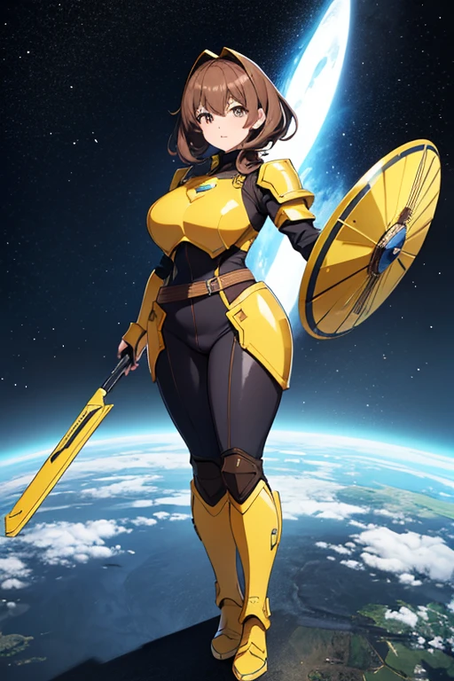 Anime drawings、Full body portrait、Space SF Guard、A curvy female guard, about 180cm tall, about 37 years old, wearing yellow armor and holding a large square shield.、A tense face、He wears a helmet on his head、Brown Hair、Brown eyes、Yellow Boots、Yellow shoulder armor