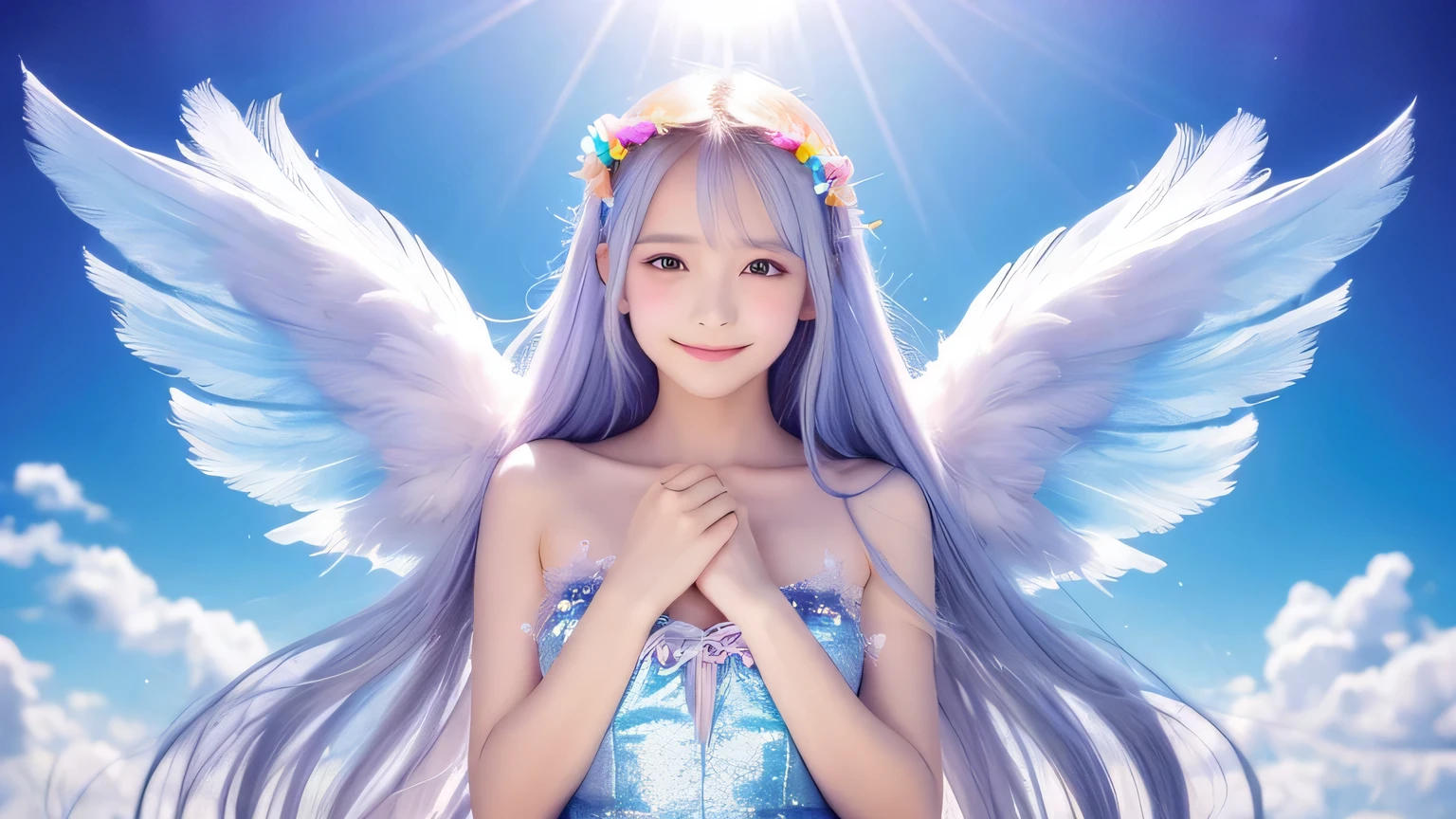 Angel,girl,2 people,10 years old,smile,smile a little,Head to waist,Magic wand,noon,summer,Light of the sun,Light background,null,青null,cute,Princess Dress,clear,fluffy feathers,Soft wings on the back,Sparkling Feathers,happiness,Thick Coating,Angelの羽根,Fairy Wings,Silky shiny hair,Shiny skin,Long Hair,Fairyland,Soft Light,rainbow,dream,hope,Pop Art,pastel colour,Sparkling eyes,Are you okay,Non-adults,High resolution,Less exposed skin,Light Hair Color,Thin eyebrows,Noble,pastel colourの髪,Big white aura,Healing energy,Blurred,背景は青null