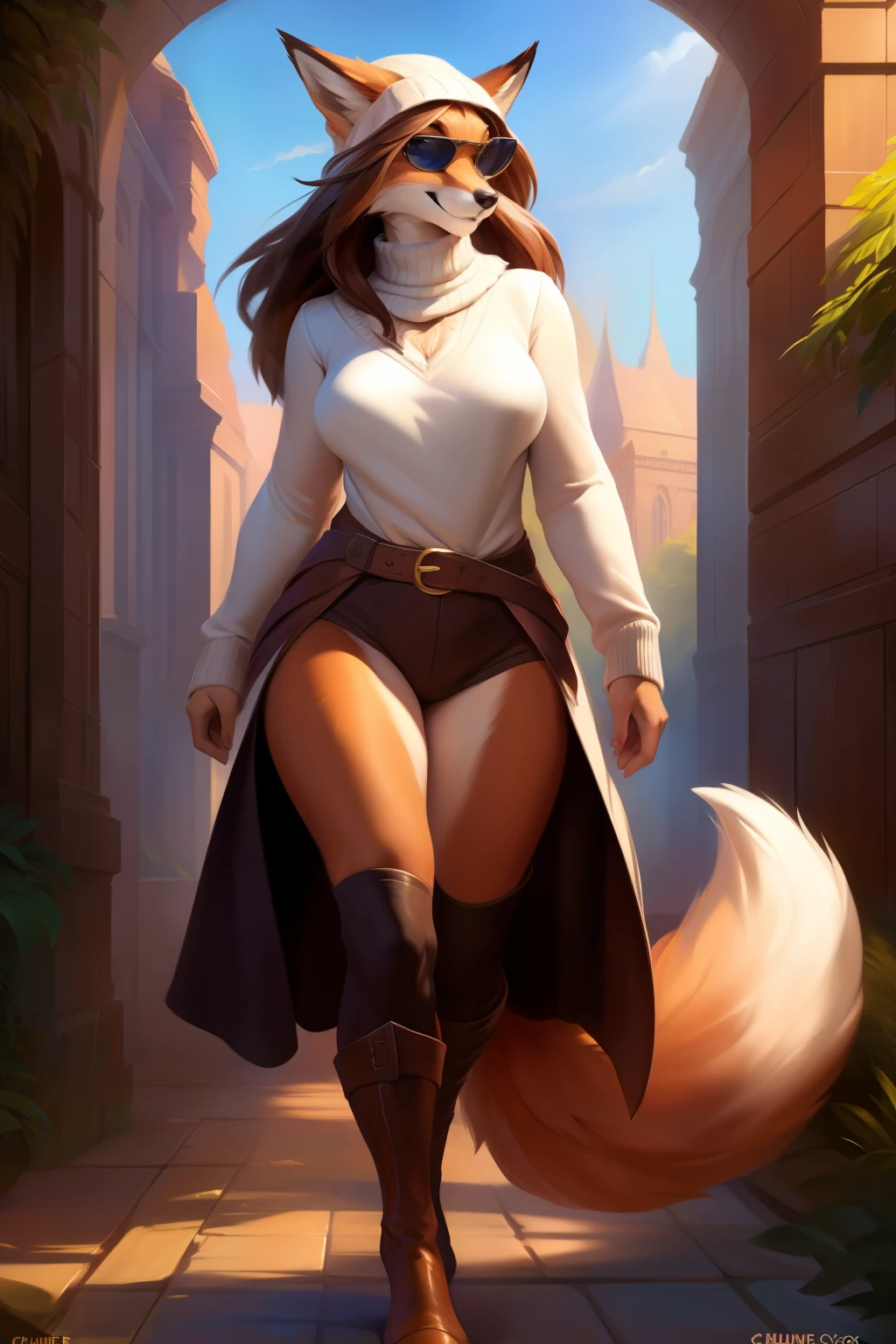 4k, high resolution, best quality, masterpiece, perfect colors, perfect shadows, beautiful and detailed portrait of a (((feminine))), perfect lighting, posted on e621, (by Chunie, by Einshelm), furry, anthro, furry art, ((portrait)), Female fox, red fox, (two-toned fur), furry body black legs from foot to knee,fluffy, fluffy tail, body fur, animal nose,chin fluff, muzzle, Mane,Big fluffy chest tuft, big fluffy neck tuft,fluffy neck, fluffy chest, Lots of fluff, Beautiful brown eyes, fit body, perfect masculine body, detailed fur, detailed face, ((Bonifasko lighting)), fox tail, (detailed eyes), perfect pupils, Tall, brown long hair, Brown long messy hair, Wide hips, big legs, (B cup breasts), (Fluffy neck), Huge Fox tail, Arms white, White t-shirt, ((Milf)), older female, 40 year old, faux fur coat, turtleneck sweater, wide-leg corduroy pants, and knee-high boots. Add a knit beanie and oversized sunglasses for a chic touch.